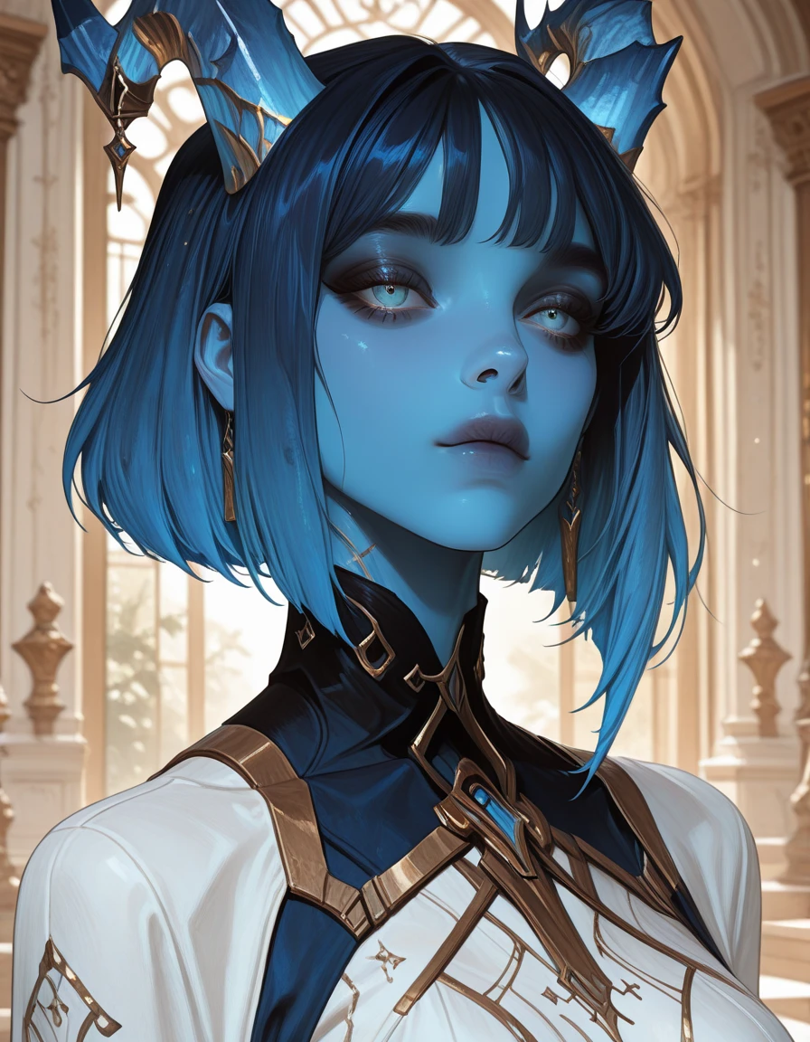 A woman from another planet, his body is bright blue, his eyes are big, His eyebrows are pointed and are attached to the darker blue eyes on his face., He has several dark blue pointed lines and his body also has thick pointed lines like tattoos.., she has a lot of time, dark blue shaggy hair, she has a black belt like black pants and several weapons around her.. His personality is villainous... 