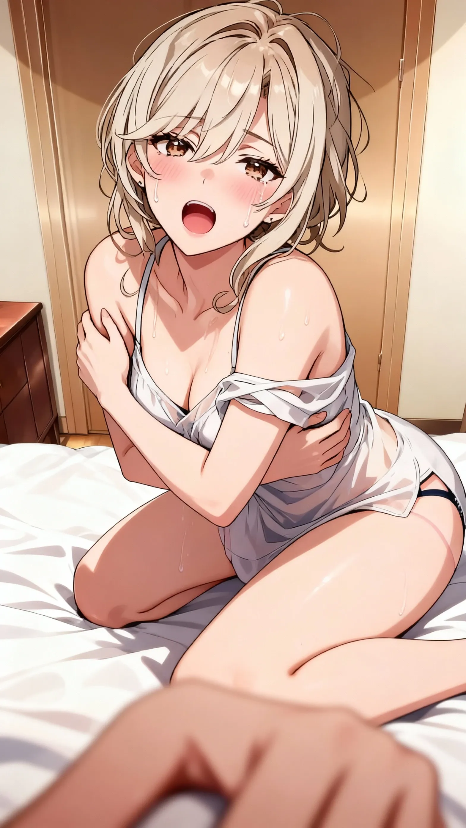 cute, Stand , , String Panties、View , String, секси String, Background Room, back、See-through、Shaved、valley、Pink nipples、Brown skin、White turbid liquid、My  is shiny