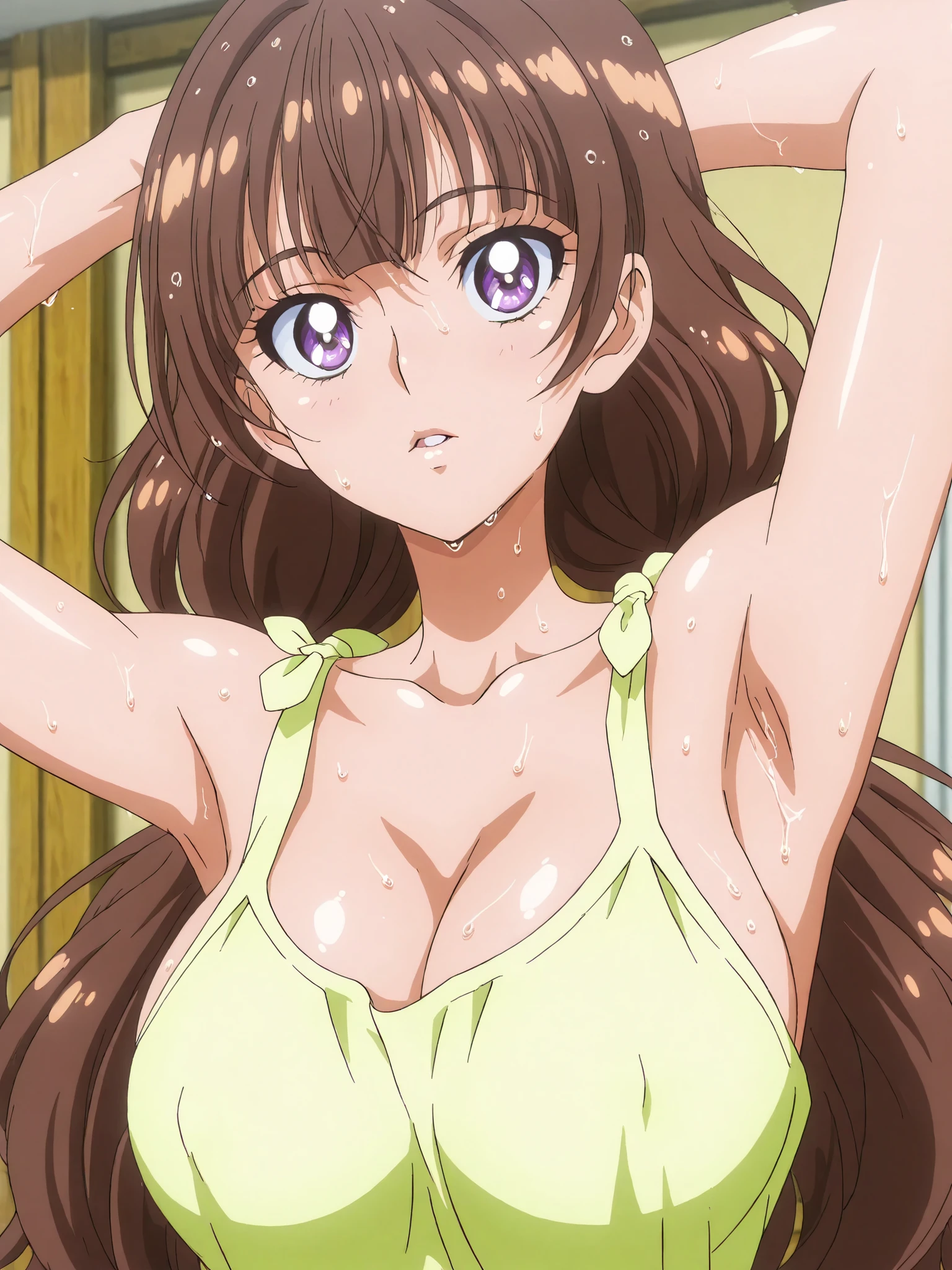Highest Quality,masterpiece,stares at viewers,soft touch,Delicate Body Curves,Realistic Human Body, Show me your armpits,sweat,, wet skin,kirara, Casual, score_9, score_8_ up the side, score_7_ up the side, Official Art, anime screencap, source_anime, 1 girl, big boobs, Alone, Parks