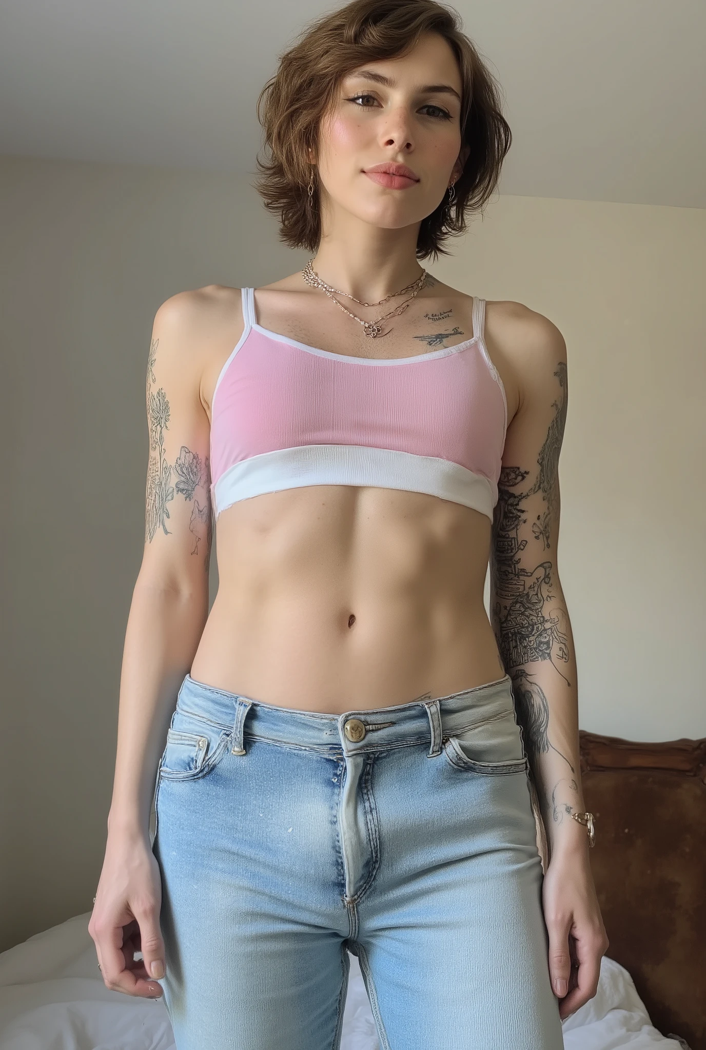 tight fitting,Revealing the outlines of an  penis,young cute skinny femboy, full body shot, white european, androgynous, crossdressing, slender petite build, flat , narrow , smooth light skin, no body hair, soft facial features, winged eyeliner, submissive devote expression, alluring, short tousled bob hairstyle, casual hair across forehead, pastel tank top with white trims, slightly cropped to reveal hint of midriff, tight jeans, denim is skinny on the legs, tattoos on arms and shoulders, necklaces, feminine outfit on male body, slender legs, androgynous aesthetic, realistic, detailed, posing in an alluring standing pose, in a fluffy bedroom