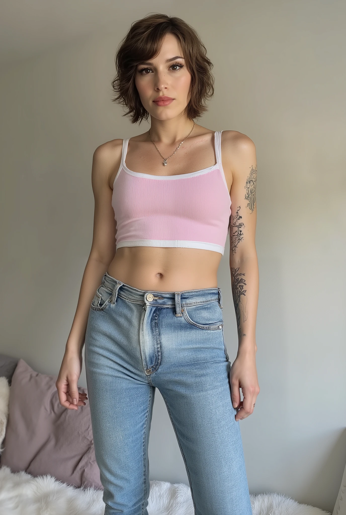 tight fitting,Revealing the outlines of an  penis,young cute skinny femboy, full body shot, white european, androgynous, crossdressing, slender petite build, flat , narrow , smooth light skin, no body hair, soft facial features, winged eyeliner, submissive devote expression, alluring, short tousled bob hairstyle, casual hair across forehead, pastel tank top with white trims, slightly cropped to reveal hint of midriff, tight jeans, denim is skinny on the legs, tattoos on arms and shoulders, necklaces, feminine outfit on male body, slender legs, androgynous aesthetic, realistic, detailed, posing in an alluring standing pose, in a fluffy bedroom