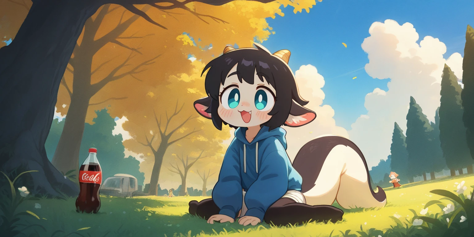 Umbreon, anthro, young, blue sclera, black iris, glowing blue spots, black body fur, feets whit three toes, detailed body fur, detailed face, detailed eyes, glistering body, shiny body, gorgeous body, masterpiece, high quality, anime style, full body, :3, field, clear sky, sitting, cute, blush, mouth open, so much  in mouth, so much  on head,  on hands, so much  on  chest, so much  on face, covered in , whole body covered in ,  allover body,  on legs,  puddle, white neck fluff