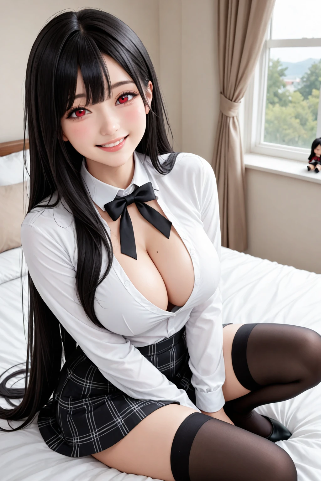 (((Kneel up、Sit on the floor with your )))、(((Skirt combing)))、(((Lace panties)))、hi-school girl、(wet by sweat)、White shirt with ribbon、pleatedskirt,((Skirt flipping))、Black hair, Black eyes, The long-haired、​masterpiece, top-quality, , Twin-tailed, White background, 鎖骨,  out, Solo, Simple background, Long sleeves, B, 1girl in, Bangs, blush, Shy, Blunt bangs, cleavage、((:0.9))