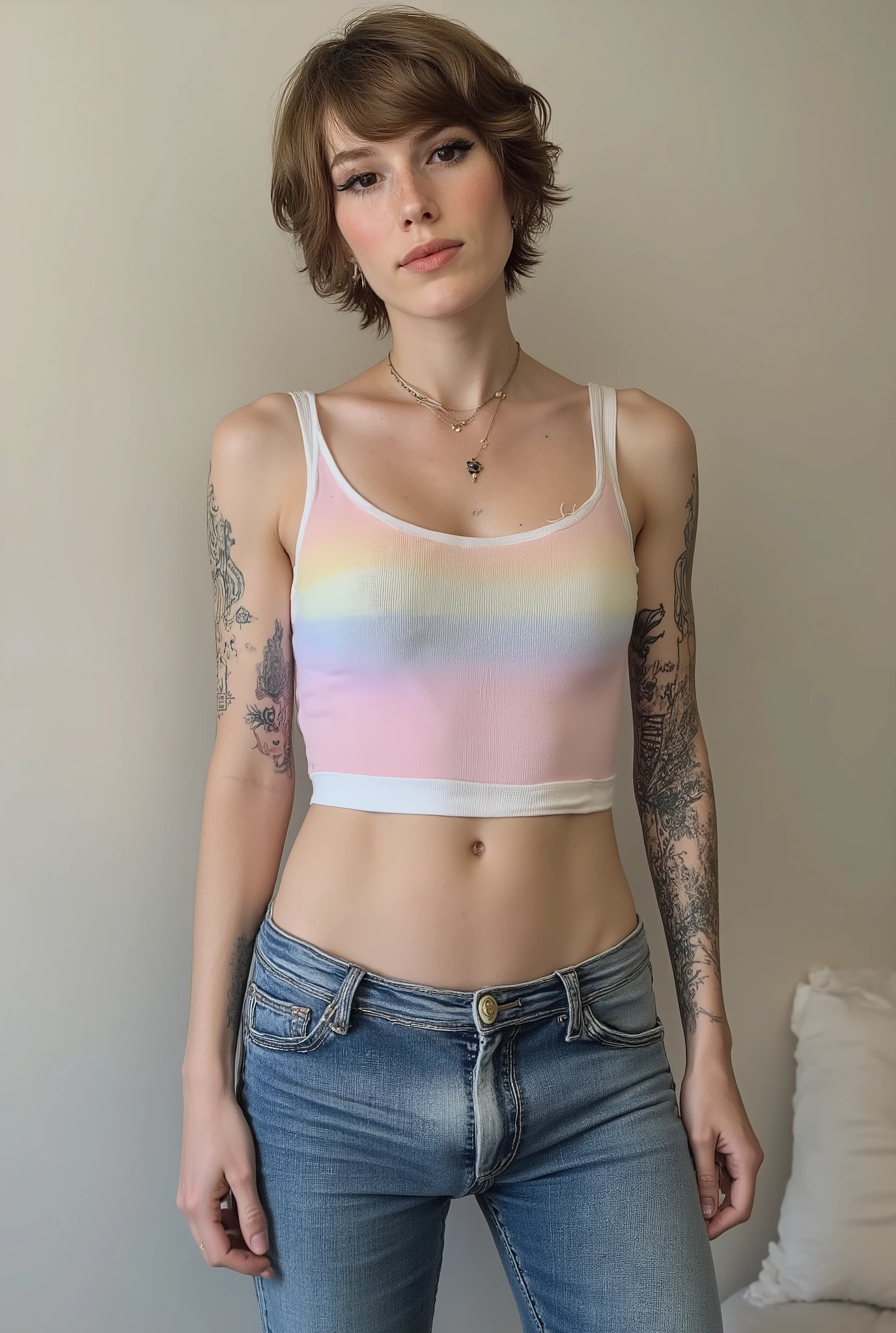tight fitting,Revealing the outlines of an  penis,young cute skinny femboy, full body shot, white european, androgynous, crossdressing, slender petite build, flat , narrow , smooth light skin, no body hair, soft facial features, winged eyeliner, submissive devote expression, alluring, short tousled bob hairstyle, casual hair across forehead, pastel tank top with white trims, slightly cropped to reveal hint of midriff, tight jeans, denim is skinny on the legs, tattoos on arms and shoulders, necklaces, feminine outfit on male body, slender legs, androgynous aesthetic, realistic, detailed, posing in an alluring standing pose, in a fluffy bedroom