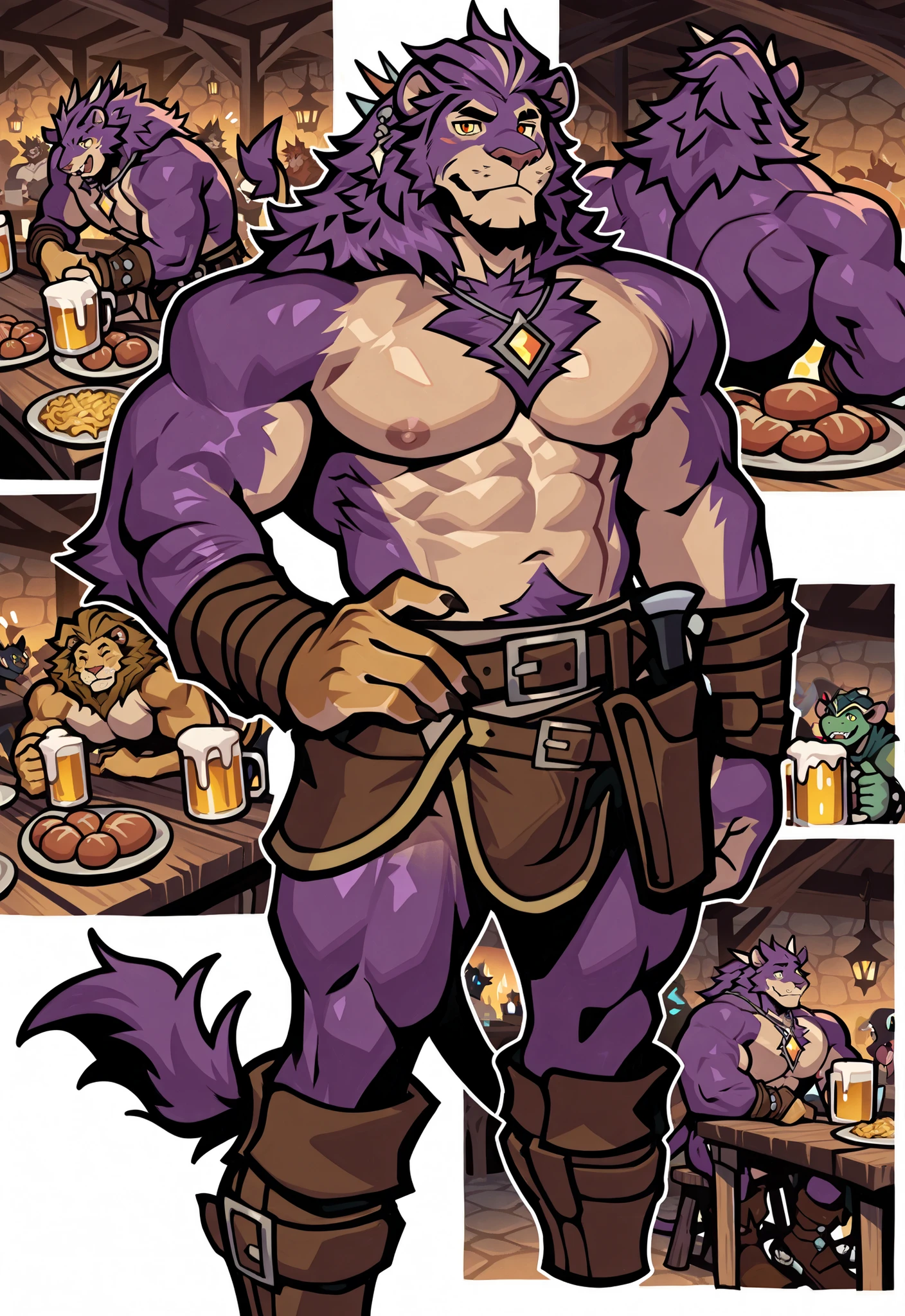 Experienced furry character reference sheet adoptable for Cornelius, masterpiece , modern day alternate universe, tavern background, full body, multiple views , best quality , masterpiece , masculine , character sheet , dungeon & dragons , visual novel , featured on Pinterest, dynamic.
Cornelius is a monster summoner! Wears revealing green summoner outfit with very little clothing almost nearly like a stripper and covered in glitter and sparkling jewelry. summoner outfit, long leather boots, shirtless covered in glitter, carries a summoned pet or familiar which varies between large dragon or small rat, surrounded by magic special effects, ether circles and magical energies, walks with divine light of spirits and gods and summoned monsters, hunky lion man, thick muscles, hunky daddy lions in party who are different hero classes like knight and archer! Everyone sitting down at a tavern table with full mugs of beer and a plate of food while the summoner pets their summoned monster. He's super friendly, a total gentleman who calls fellow heroes through time and space! Masterpiece, best quality, amazing quality, null-ghost, Head and pectorals focus. Masculine, buff, broad shoulders, no defects, no watermarks, 5 fingers, perfect hands. Posing, lion tail, anthro male lion, looking , in a olde day tavern background, in a crowded scene, party. Hairy beast, dragon male, dragon man, medium build, elves, wizards, dragons! Masterpiece, best quality, amazing quality, null-ghost, purple fur colored. Looking .