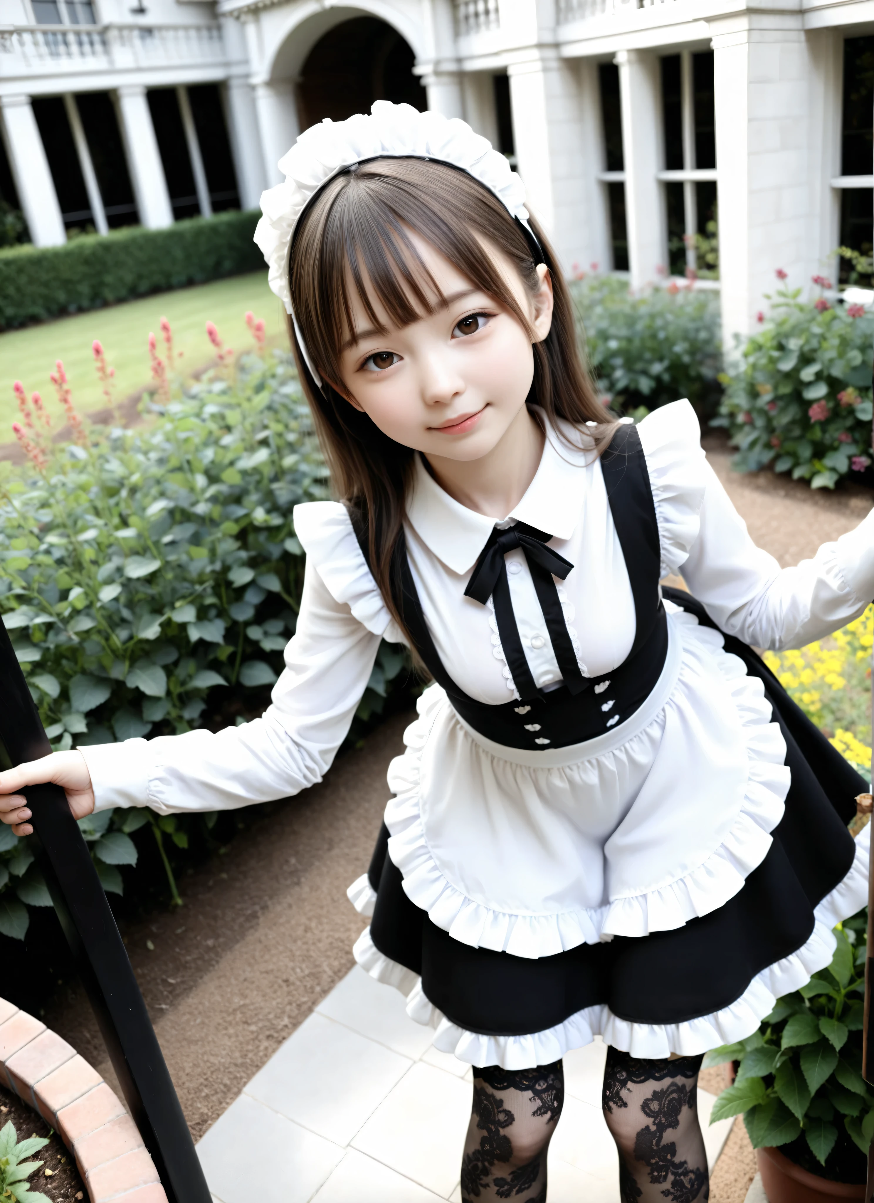 (Biological Corpse Factory)、maids,Look at the audience,(skinny:0.79),(younger:0.82),from above,(medium breasts:0.60),slouching forward,slouching forward,Japanese,(Smile Yang:0.47),black lace stockings