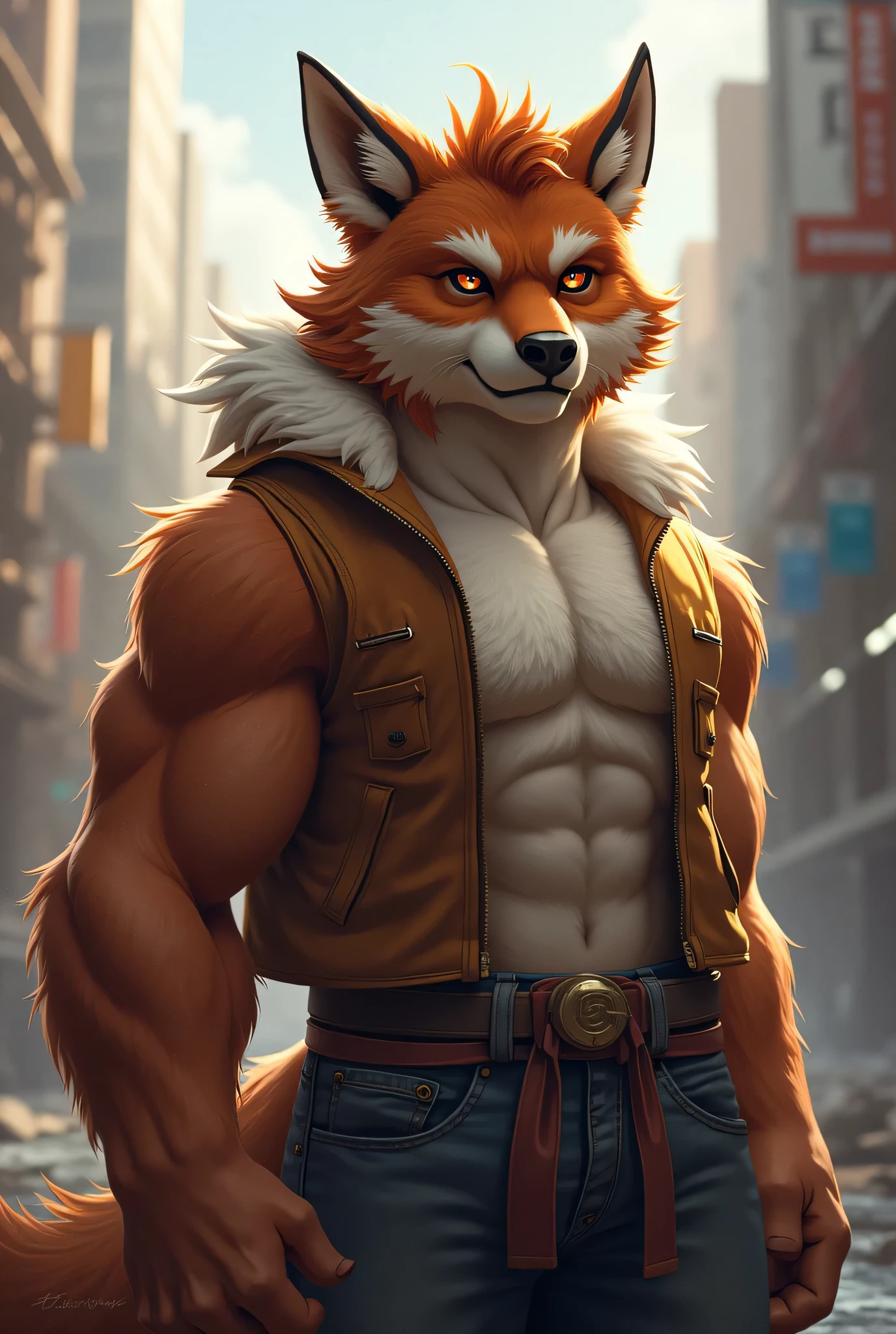 Red fox muscular and red eyes  piercing,  