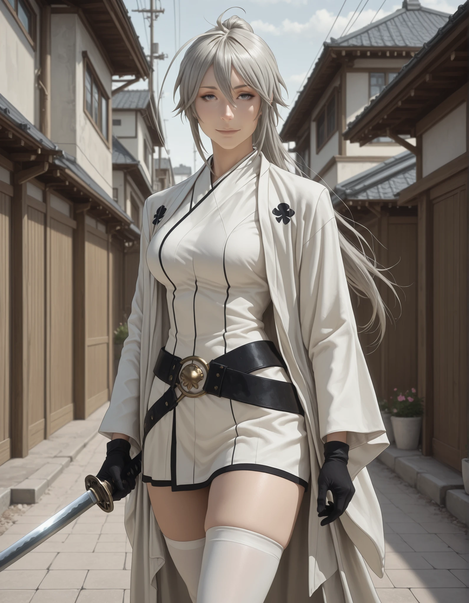 pseudo-realistic, semi-realism, realism, realistic, masterpiece, best quality, amazing quality, absurdres, newest, 1girl, solo, mm, mature female, long hair, ponytail, ahoge, grey hair, grey eyes, breasts, japanese clothes, gloves, white thighhighs, belt, kimono, white haori, holding katana, light smile, outdoors, looking at viewer, Arrancar_outfit