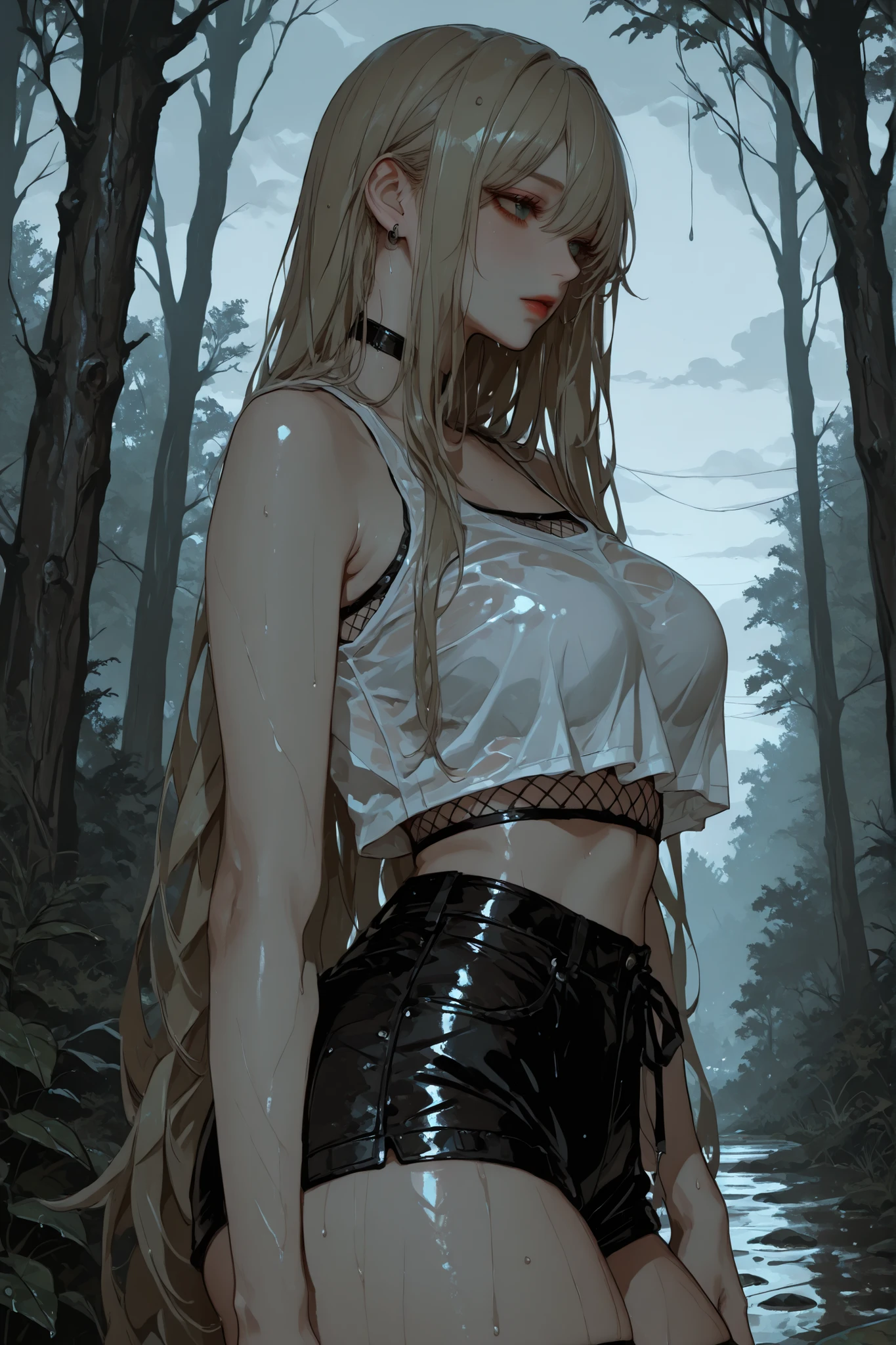 Curvy stylish girl, wearing shorts with fishnets and a tight cropped tank top with very very long hair standing in a rainy forest on a dark cloudy day. Emotional atmosphere, close up. Detailed eyes, beautiful face. Side view.