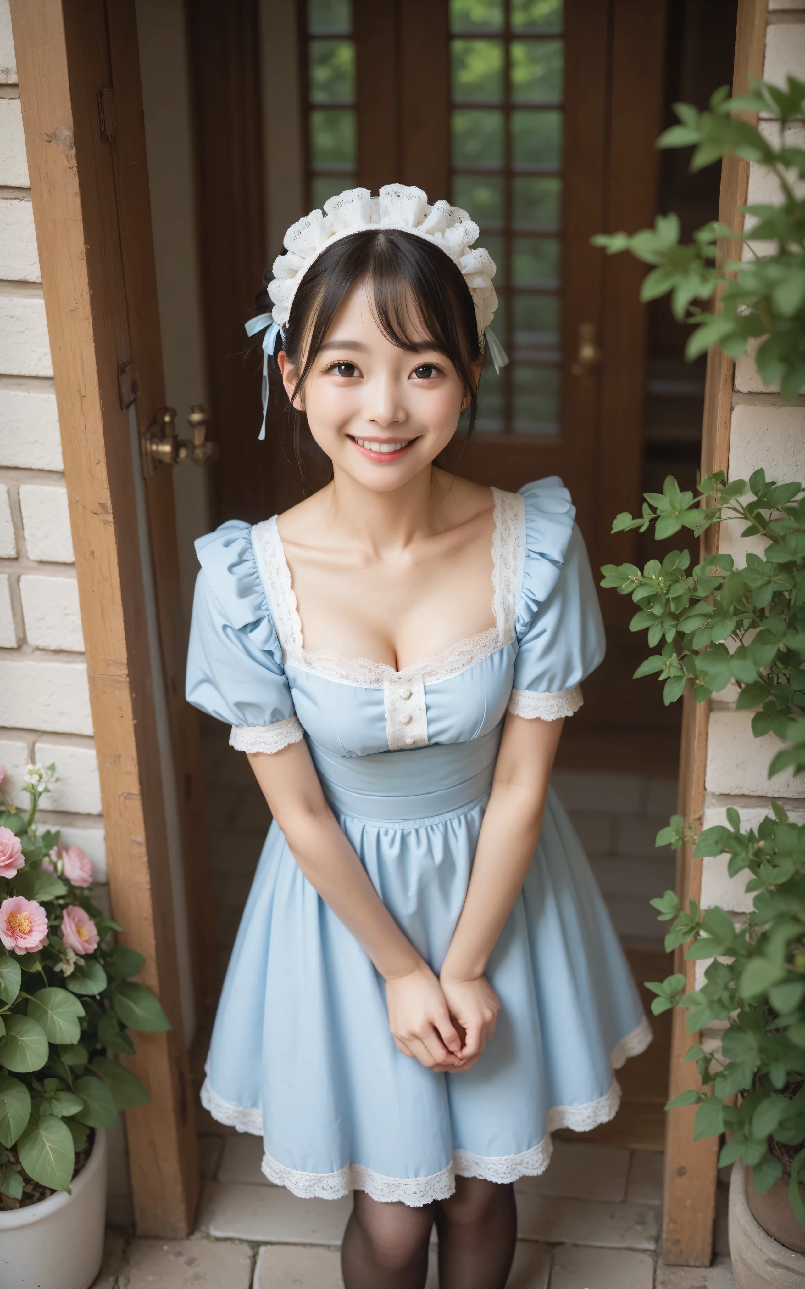 1 girl、maids,Look at the audience,(skinny:1.19),(younger:0.95),from above,slouching forward,(big boobs:0.06),Watering flowers outside the mansion,Japanese,(Smile Yang:1.05),black lace stockings