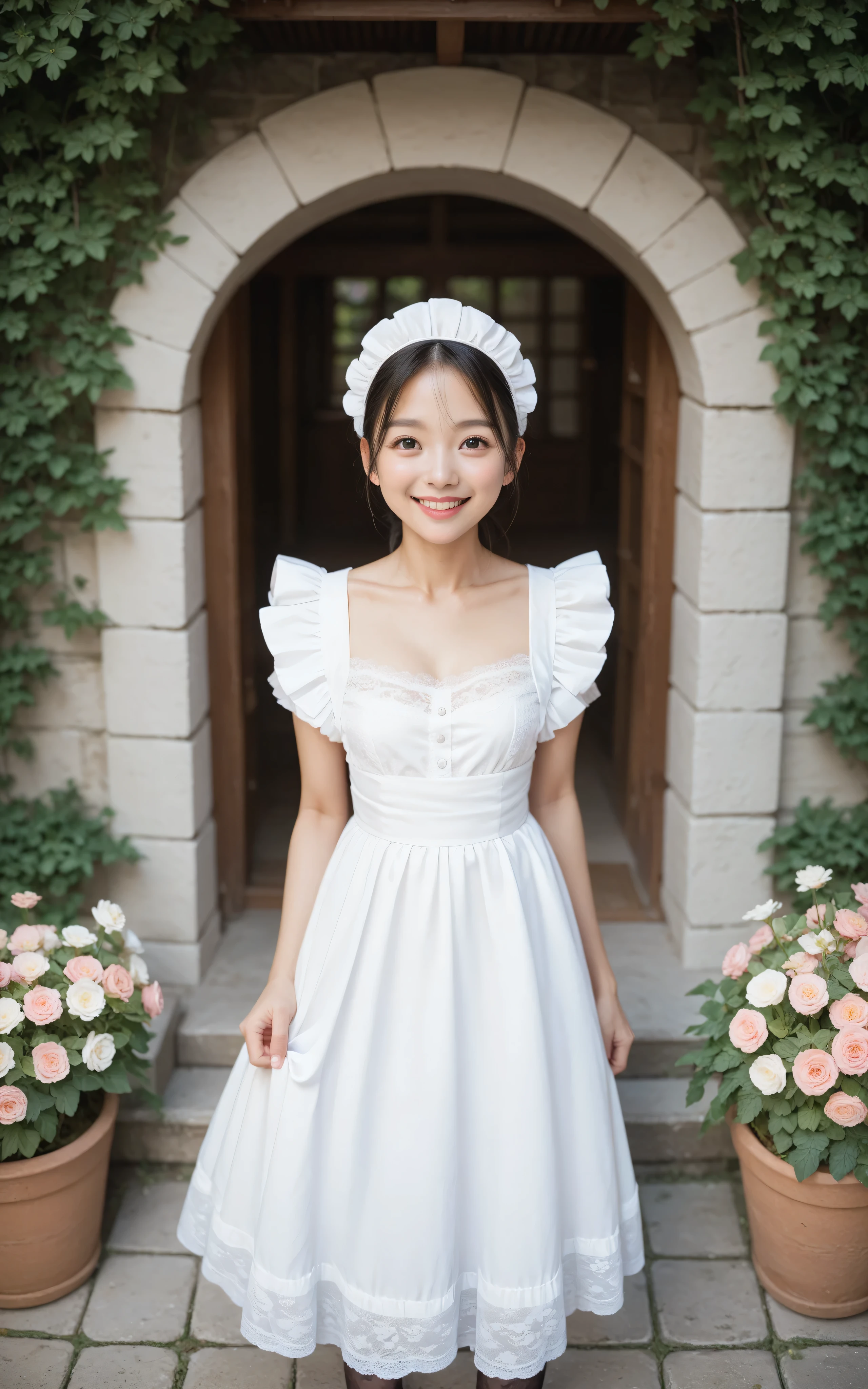 1 girl、maids,Look at the audience,(skinny:1.19),(younger:0.95),from above,slouching forward,(big boobs:0.06),Watering flowers outside the mansion,Japanese,(Smile Yang:1.05),black lace stockings