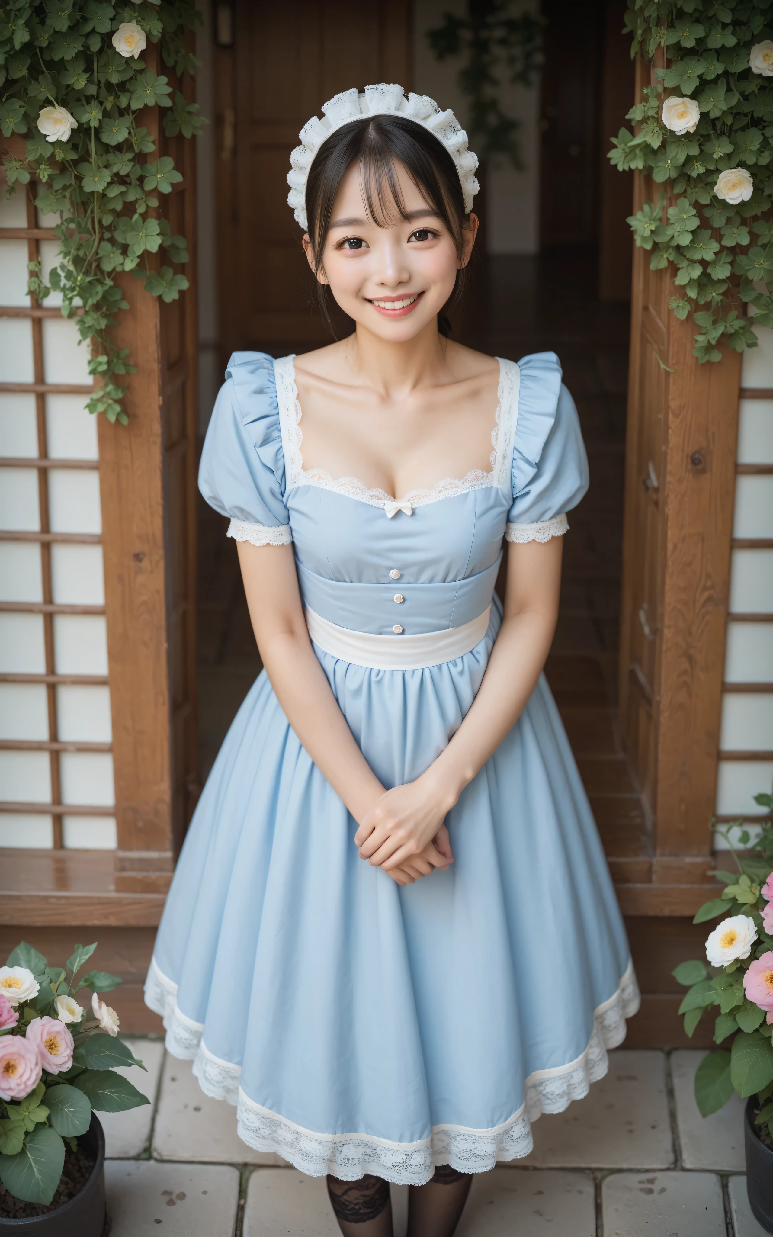 1 girl、maids,Look at the audience,(skinny:1.19),(younger:0.95),from above,slouching forward,(big boobs:0.06),Watering flowers outside the mansion,Japanese,(Smile Yang:1.05),black lace stockings