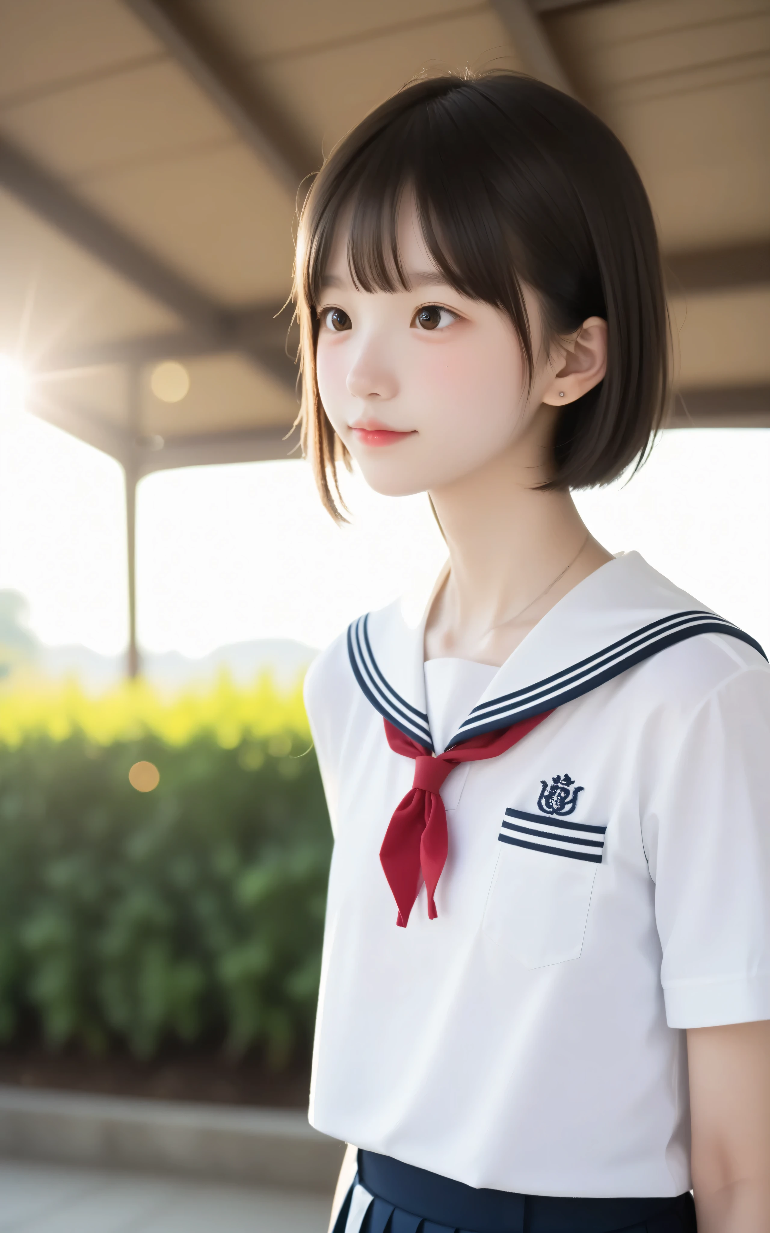 ( photo author:mr. nomi:1.5),( white skin:1.5),Cute Girl,n current ,Slender,thin body,かわいいyounger女の子,skinny,score_7_ up,score_8_ up,score_9,small breasted,uniform,toddler wearing top_body,sunlight,Japanese,short,short hair, thin shoulders,thin arm,younger, author:mr. nomi,Yang