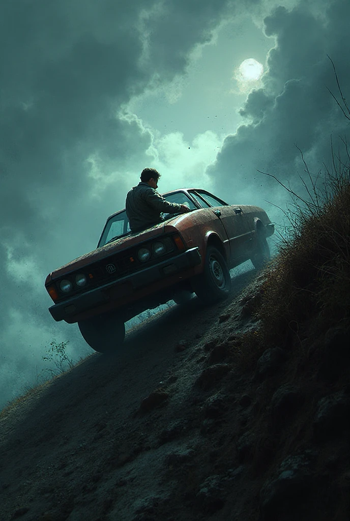 /imagine prompt: A run-down van driving on a dark rural road with a fishy smell inside, several strangers sitting in the car, including a fisherman carrying a bucket of dead fish. Suddenly, an unknown figure sneaks into the car, causing everyone to turn their heads towards the door,