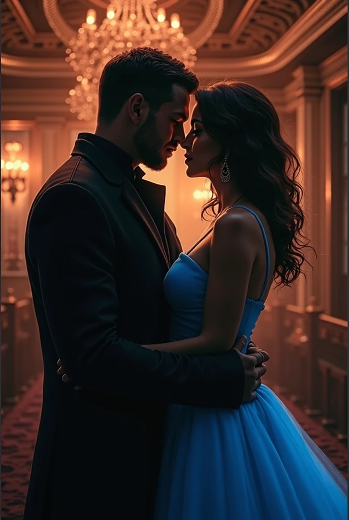 

Create an image of a woman in a pink dress with a look of anguish embracing her husband's back, a criminal officer, and both tied together by a handcuff on one of her wrists in a realistic style

