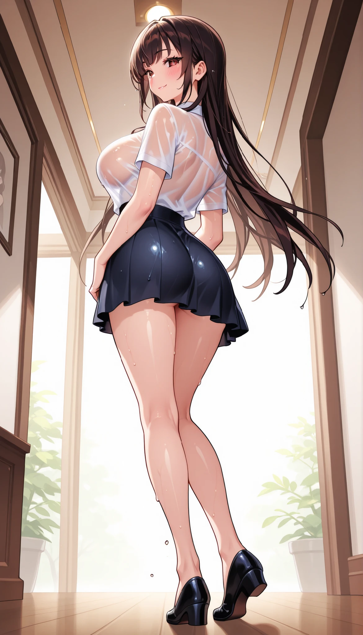 highest quality ever、the greatest masterpiece in history、HIGHEST DETAILS EVER、HIGHEST RESOLUTION EVER、Hi-Res、8k、Esther - Project QT、Woman Who Laughs a Little、Tall Woman、 A Bewitching Woman、One person、Full body、Back view、back view、back shot、low angle、angle from below、Looking Back、Smiling、closed mouth、dark haired、黒い髪、long hair、straight hair、narrowed eyes、Squint your eyes、Details、narrow eyes、Narrow Eyes、Slightly Impressionable、reddish brown eyes、Blush、BIG BREASTS、Summer clothes、女性のBack view、back shot、back view、low angle、angle from below、wet clothes、Tall Woman、 A Bewitching Woman、skirt、sexy poses、bold pose