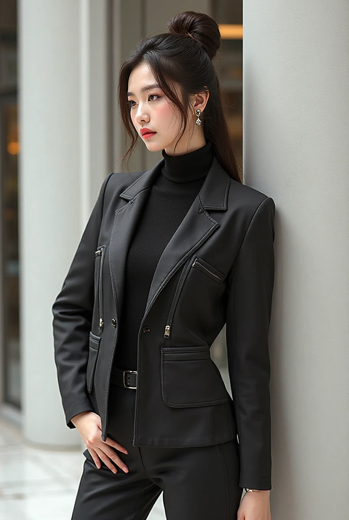 Office lady suit、、CHANEL style、Heavy make-up、High heels、gorgeous、Highest quality、Top floor of a high-rise building、President's office、sofa、Sitting、Crossing your legs、I can see your pants