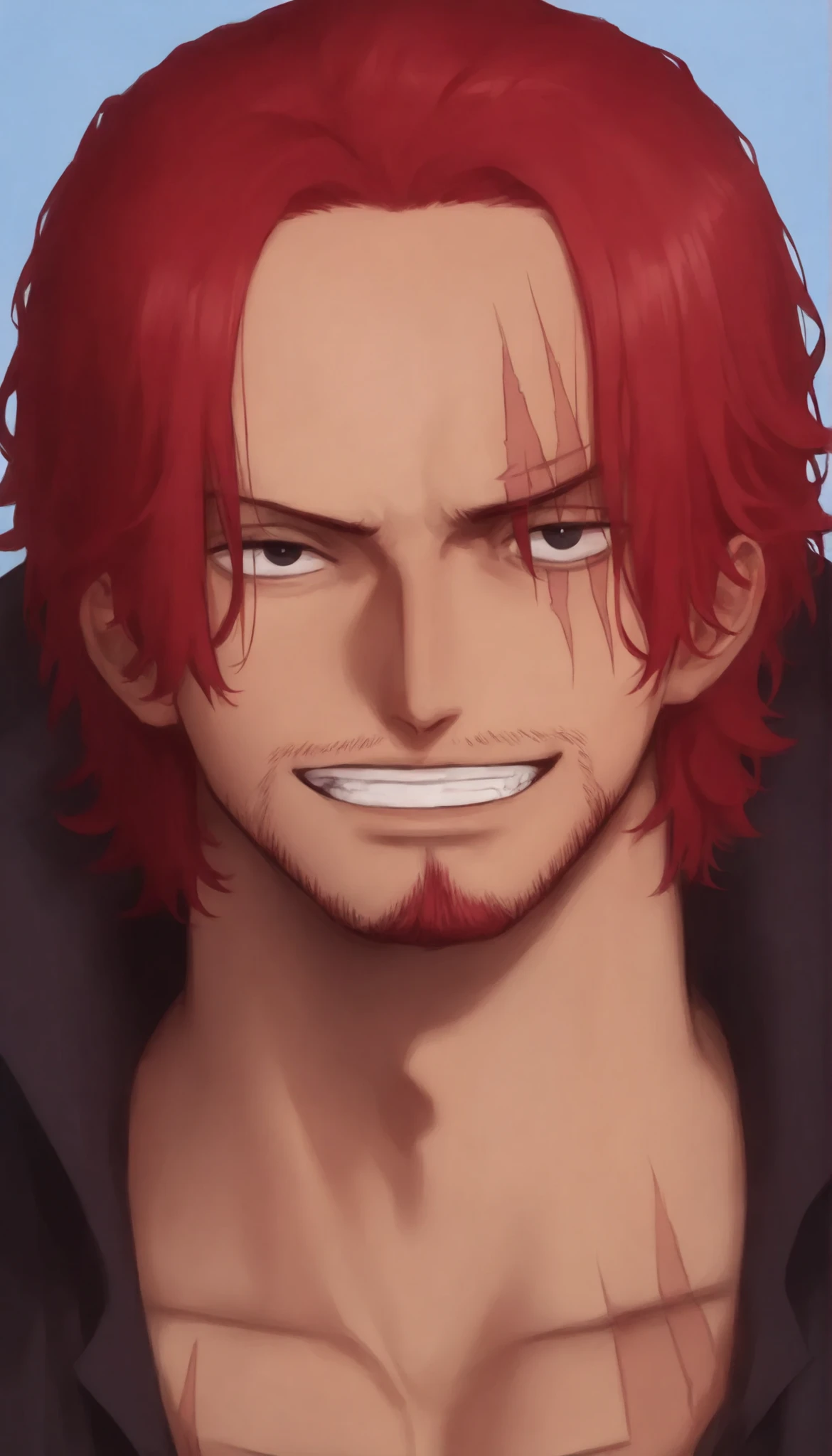 1boy, black eyes, red hair, cape, shirt, partially unbuttoned, facial hair, scar, full body, rathairshanks, 
