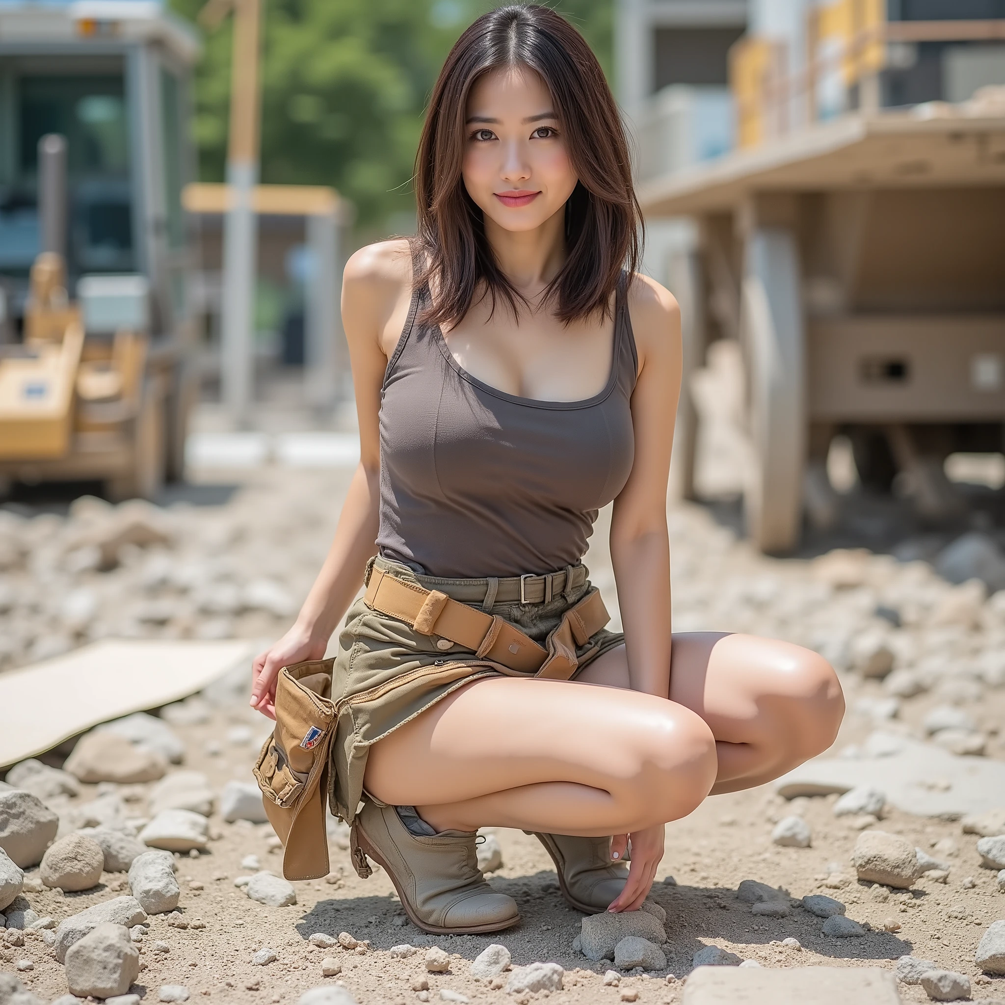 It's a scene where a very stylish Japanese woman working at a construction site、working with a tool belt hooked to her waist 。 her figure is extremely beautiful 、works with a particularly tight waist and leg line、her work posture also looks stylish 。 has a bright and sparkling atmosphere、while giving an energetic impression 、 Work is progressing smoothly。 Construction machinery and tools from the construction site are scattered in the background、Her presence stands out even though it makes her feel busy 。crouching、with hands on the ground、Khaki shorts、full body shot from below