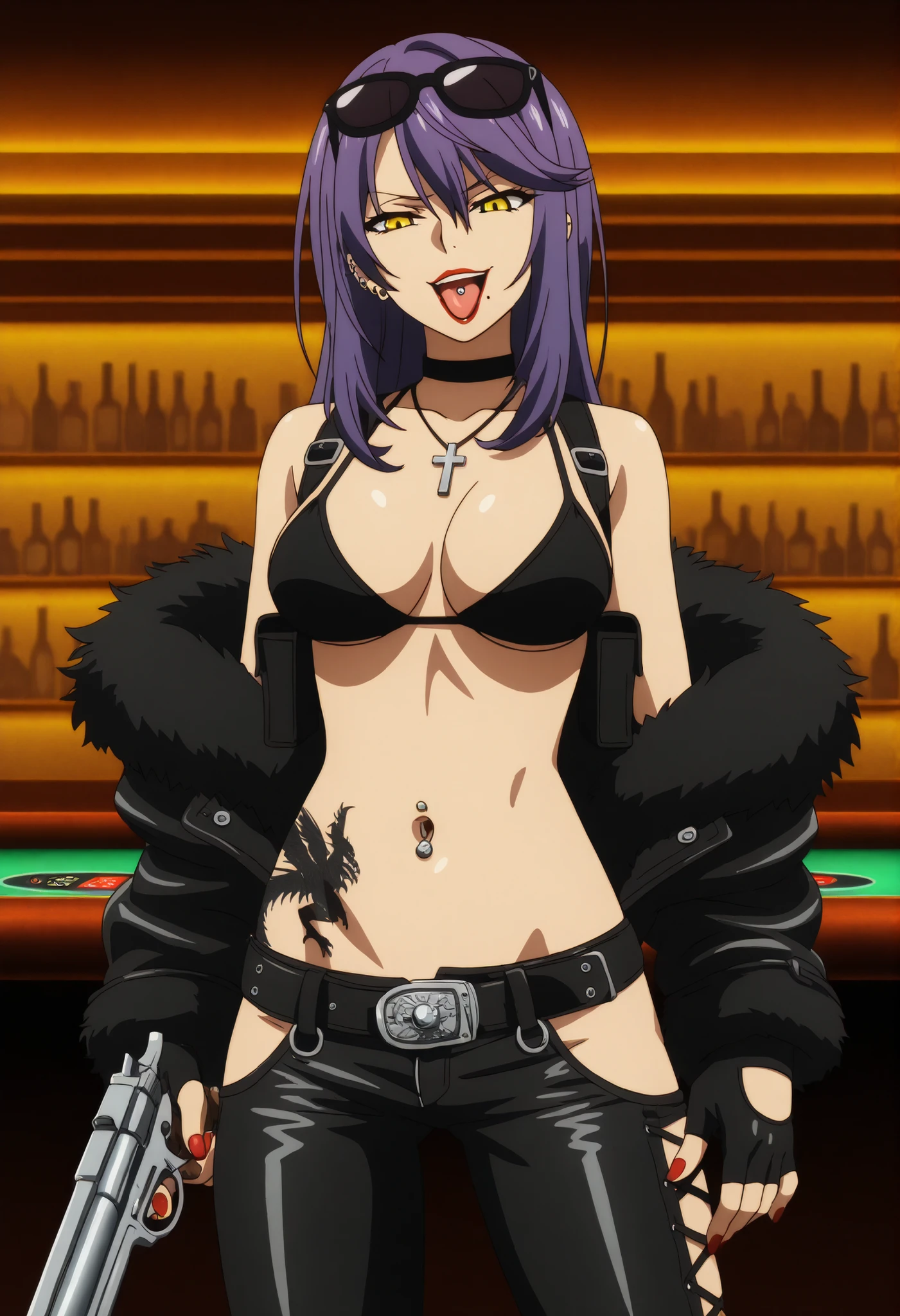 trine_halden, long purple hair, yellow eyes, red lips, medium breasts, , chin mole, , nail polish ,ear piercing, long hair, , lipstick,Hot girl, baddie, smoking,, bad attitude, mean girl, sensual, attractive, ,cross necklace, ,choker,bar background, inside bar ,indoors, , casino, , fur jacket , bare shoulders , white fur , , , leather pants , dark brown , fur , side inserts , belt , weapon holder , weapon , fingerless gloves , leather , forearms , sword , short , strapped , belt , cowboy shot , masterpiece , best quality , highly detailed , a girls with a gun , evil smile , open mouth , sexy gaze , badass pose , evil smile , smile , (nsfw) not safe for work , guns blazing , anime girl with long hair , beautiful long haired girl , navel , evil expression , exposed belly , exposed navel , exposed midriff , exposed lower belly , long black pants , cleavage , unbuttoned leather pants , open fly , low rise black leather pants , leather jacket , holding a gun , holding pistol , unbuttoned shirt , collared shirt , knot , pull_down leather pants , (show off panties , :1 . 2 , no panties) , pull_down long black pants , pull_down black leather pants , zip up leather jacket , bikini top , navel piercing , cross-laced slit , tongue piercing , tongue out , open mouth , clitoris piercing ,, , shoulder holster,, sunglasses on head, medium large Breasts, dragon tattoo on waist, narrowed eyes, tattoo on waist,, anipai_style , anime screencap , anime coloring,,