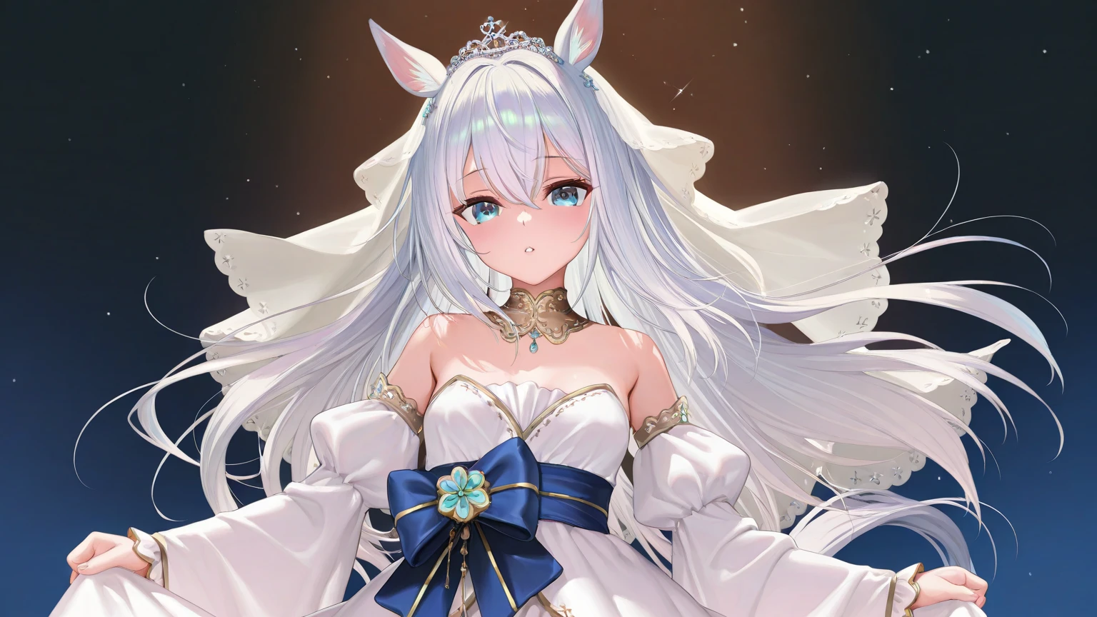 A white haired  woman with green eyes  and white wolf ears is wearing a holiday gown in a great hall