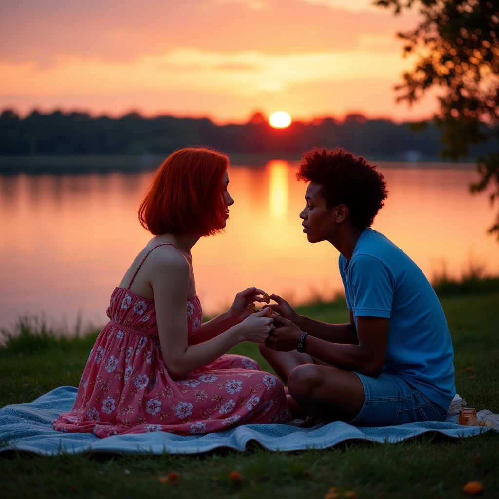 a picnic by a lake at sunset. A young woman with red hair in a Chanel cut, a beautiful flowery pink dress, sitting on a towel on the floor. A young brunette with afro-haired, wearing a blue t-shirt and denim shorts, kneeling taking a self from the couple. a contrast of blue on the side with the red tones of the sunset. realista, 4k, minimalista, imagem intimista, reddish palettes