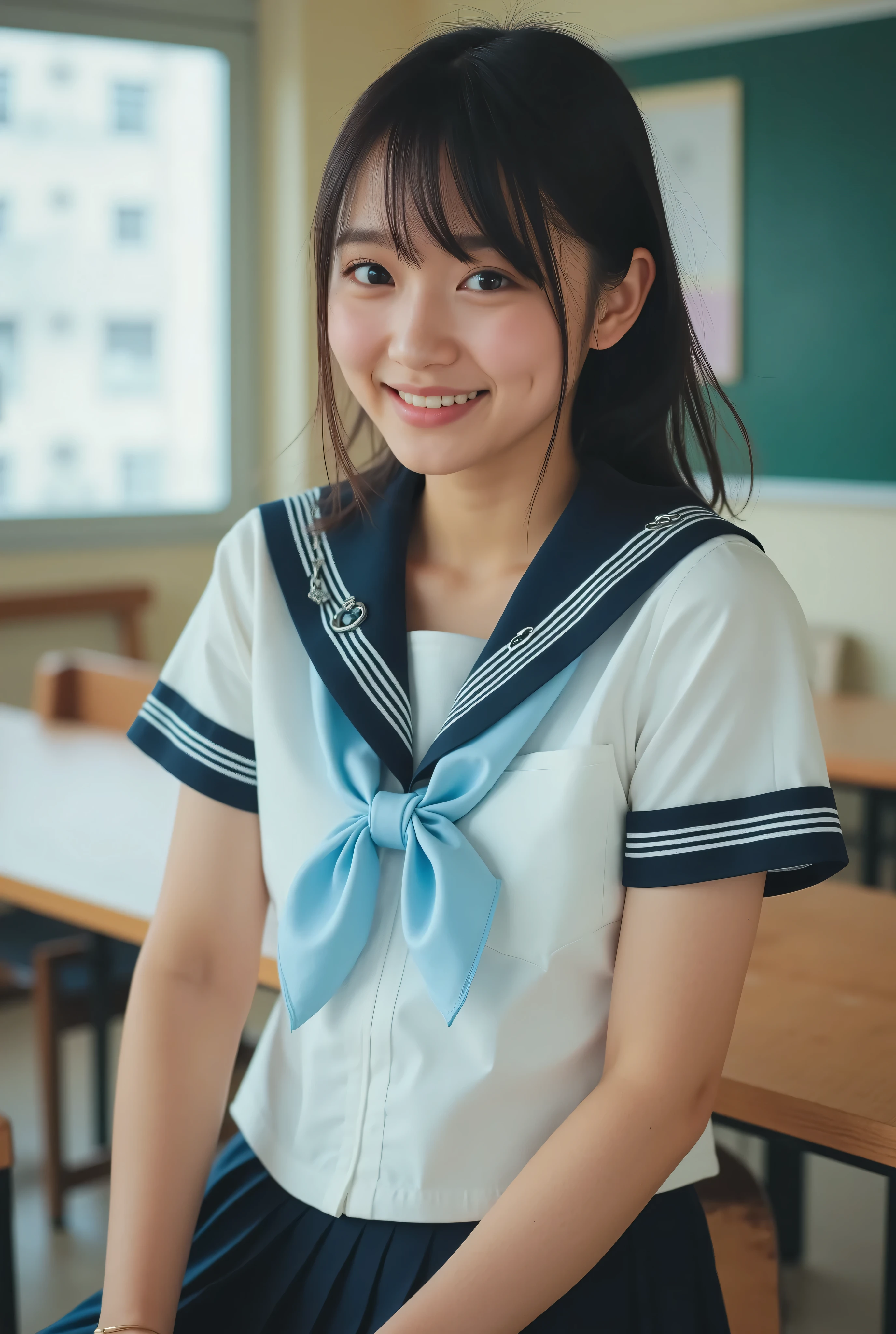 (Canon), (EOS R5), (50mm), (((photorealistic:1.5))), ( No Lens Flare :1.5), ((超high resolution)), (masterpiece), accurate,(Realisticな質感の肌), Super Detailed, Highly detailed, High Quality , winning work, 最High Quality, 32K, depth of field,  digital camera, award-winning glamour photos , professional lighting, (SFW), ((最High Quality:1.5)), ((masterpiece:1.5)), ((Realistic)), high resolution,Realisticな影, Roughness, Real Life,(and the cute one-person Japanese woman), (The cuteness of a top Japanese idol), ((Upper body shot seen obliquely from the front :1.5)), (( upper body shot from head to knee  :1.5)), (( cute 18-year-old Japanese high school girl )), (((white short sleeve sailor suit:1.8))), ((high school classroom,  desk, chair, blackboard, and window visible )),  (((襟と胸当てが紺色で3本の白色ラインがある半袖の白色夏服セーラー服とnavy blue flared skirtを着て椅子に座っている:1.8))), ((Short-sleeved white sailor suit with dark blue collar and breast :1.8)), (( no front buttons on a sailor suit :1.8)), (( sailor suit's chest is dark blue and has 3 white lines :1.5)), ((navy blue flared skirt:1.5)), ((Light blue scarf for sailor suit :1.8)), ((Navy blue scarf closure :1.5)), ((NO ACCESSORIES:1.5)), ((no earrings:1.5)), ((Without necklace:1.5)), ((Women's watch on her left arm )), ((very cute high school girl who feels young)), Attractive cuteness , seductive pose where you stretch your clothes on your chest, height 160cm, slim figure visible to the navel, Beautifully shaped bust, D cup, ((少し歯が見えるvery cute smile:1.5)), (solos:1.5), (There is only one person in the classroom), (brown eyes:1.9), (Highly realistic detailed depiction of skin), (Highly detailed, realistic eyes:1.9), (Very beautiful long, realistic eyelashes), (Highly detailed, realistic eyebrows), (丸いbrown eyes :1.8), (Beautiful catchlights in the eyes), (Realistic lips with moisture ), (White realistic teeth lined up nicely), ( Beautiful and Detailed Face :1.6), (hourglass figure:1.6), (Wasp waist :1.5), (Perfectly round and beautifully shaped breasts:1.8), ( clearly contoured cheekbones  :1.5), (Perfect Styled Body :1.8), (Healthy body :1.8), (Narrow shoulders:1.9), (staring at the viewer), ('s enchanting gaze), (Beautiful, natural-looking hands), (beautiful pink nails with a beautiful length), ( show your hands as little as possible ), (very cute smile:1.1), ( her stomach and navel may be slightly visible:1.4), (dark hair medium hair :1.3), (beautiful black hair), (has bangs and is making a small scream), NATURAL VIBRATION, Very cute type, beautiful thighs, ((evening classroom)), (( with a pencil case and notebook on her desk :1.4)), (( show your hands as little as possible )), ((I can't show my feet)), blur background, Illuminate Your Face, dynamic pose,Beautiful Body Lines, Beautiful, realistic skin , Art Photography, beautiful soft writing, accurate手の形,accurate指の形,accurate指の数,5 fingers on one hand ,((No watermark, No signature))