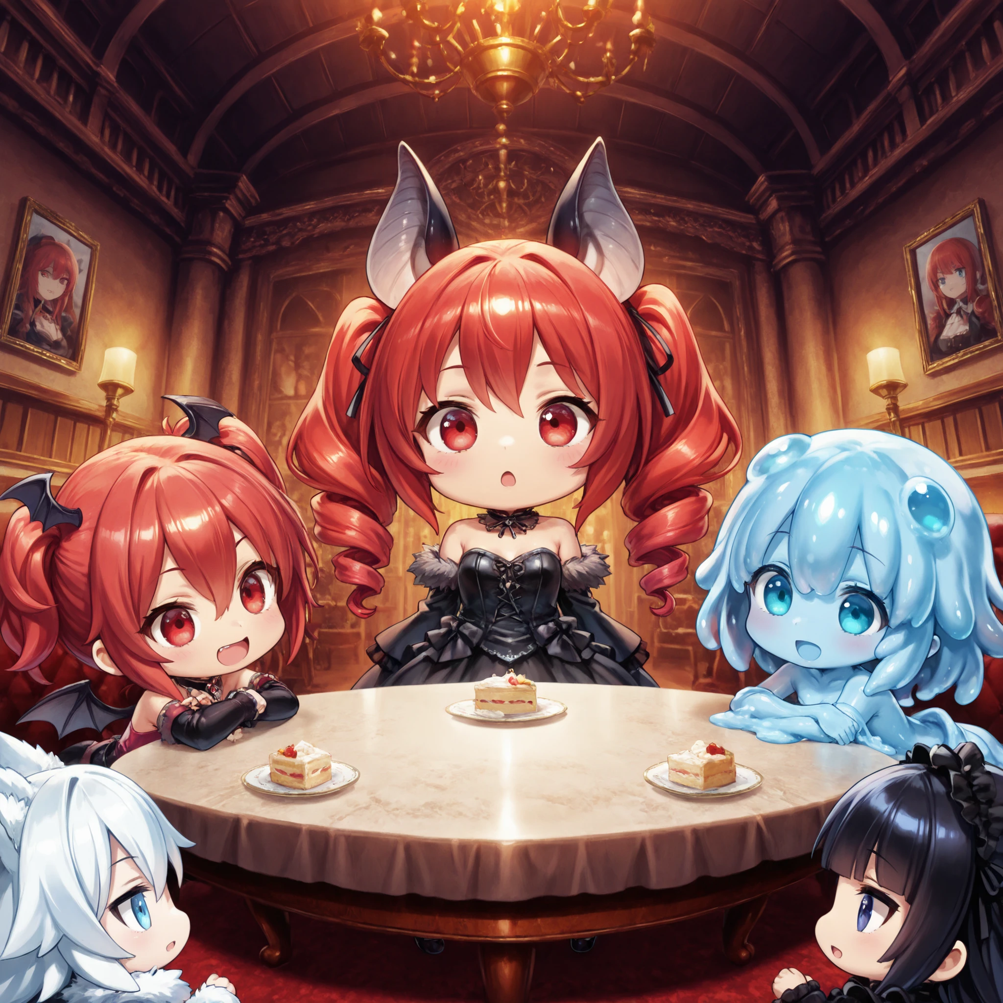 chibi,masterpiece、Highest Quality、anime style、Houses where monsters live together、Monster Girls Gathering in the Living Room、2.5 heads tall、( bat girl 、red eyes、Red Hair Curl Hair、Black Gothic)。(Blue Eyes White Wolf Princess)。(Light blue slime girl）。(3 people:1.3）、Bright and luxurious dining table