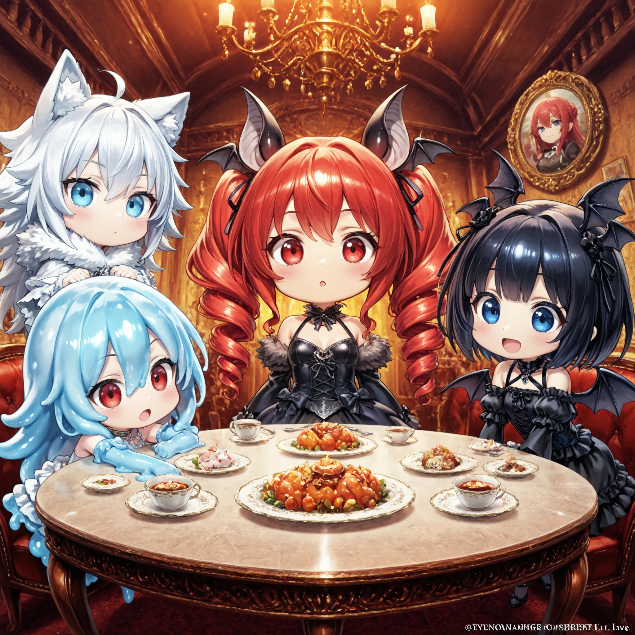 chibi,masterpiece、Highest Quality、anime style、Houses where monsters live together、Monster girls gather in the living room、2.5 heads tall、( bat girl 、red eyes、Red Hair Curl Hair、Black Gothic)。(Blue Eyes White Wolf Princess)。(Light blue slime girl）。(3 people:1.3）、Bright and luxurious dining table