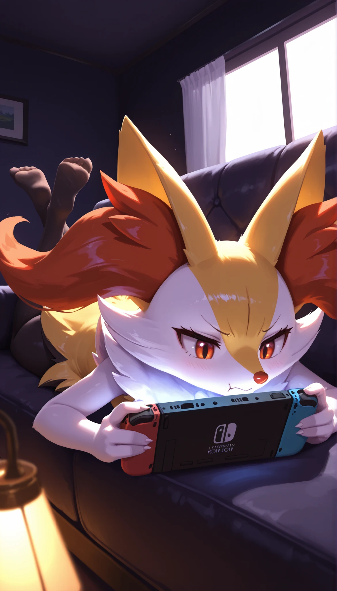 masterpiece, best quality, amazing quality, very aesthetic, absurdes, depth of field, focused subject, dynamic angle, best quality, detailed eyes, perfect eyes,
BREAK ,
solo, pokemon \(creature\),no humans,furry,feral, >:T, the pose, lying, on stomach, feet up, on couch, holding nintendo switch, concentrating, (glow from screen:1.1), (chiaroscuro:1.1) scenery, (dark living room:1.2), window, closed curtains, lamp, volumetric lighting, raytracing, soft shadows, from below, depth of field, vibrant colors, depth of field, perspective,
BREAK ,
braixen,voluptuous, curvy, 
 league of legends, haiz_ai, no lineart,no outline,
