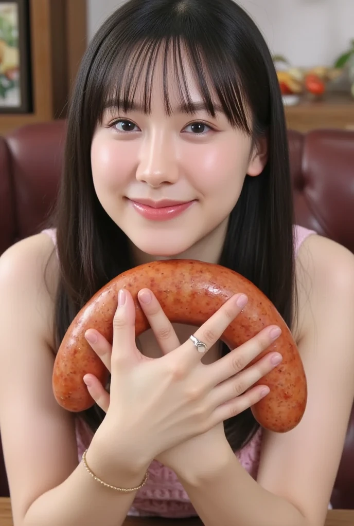 High resolution photo of a Japanese woman in a dress , she has a sausage shaped like a penis . A woman is licking sausages while looking at the camera , masterpiece, Top Quality, movie lights, super real, intricate details, 8k,
