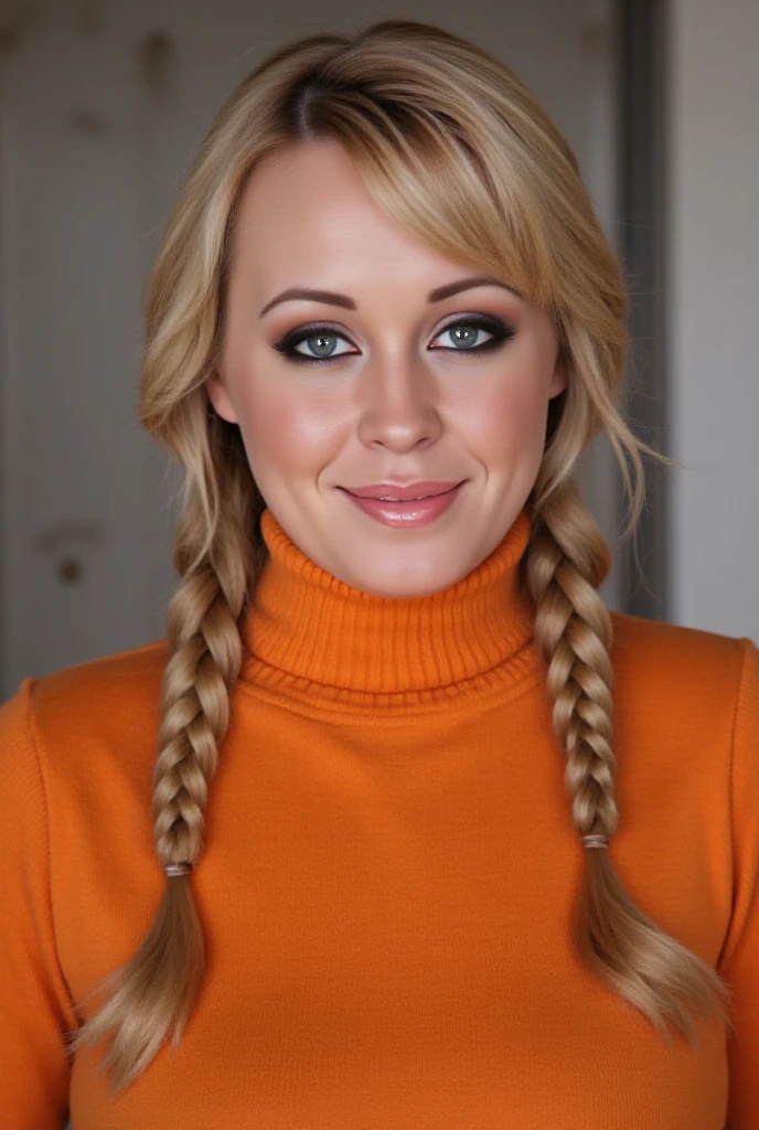photo of a skinny blonde teen  wife messy long hair thrown into a messy bun ponytail. She wears: (turtleneck high ribbed bright tight sweater:1.1),   pose, high tight ribbed neck,  smile, perfect fake tits, turtleneck top, wet clothes