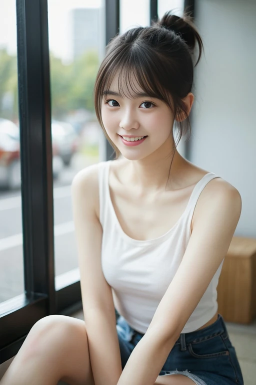adorable, 1 girl, 10 years old, baby face, smile shy, scrunchie hair, full body portrait. Perfect body, .. (face details: 1), (eye details: 1). wearing tanktop cardigan, . (((Round large ))), ... Rain, wet, closthes wet. proportional body. Realistic skin. Realistic tone color. Ultra High Res.photorealistic:.1.4, UHD