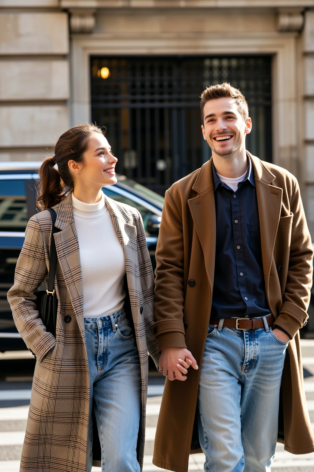 Generate an ultra realistic shot of one 25 years old girl and one 30 years old boy, both have drinking papercup coffee in their hands and walking in crowded street in paris, professional photography, cinematic shot