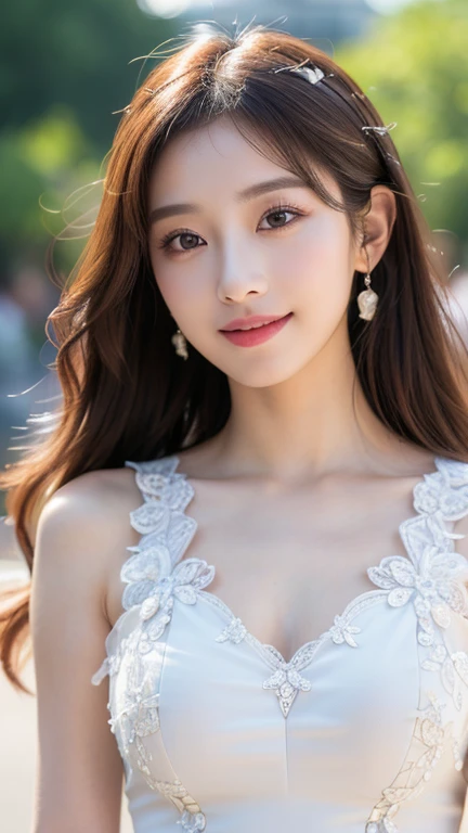 8K, Ultra-high resolution, Highest quality, masterpiece, 三分割法によるphotograph,Surreal, photograph, 1 girl, (16 years old:1.3), pretty girl, Cute face, Beautiful eyes in every detail, 細かくdetailedに,masterpiece,, One Girl:1.2, Japan Female Announcer,whole body,Young Wife,Girl with her back to the camera, evening, forest、Full of cleanliness,A carefree smile,Healing the heart,Semi-long layered hair,Looking at the audience、beauty,Long neck、Laugh a little、Please close your mouth and laugh、(((Ideal body type))),A-cup small breasts :2,、Portraiture:2、Perfect 、鮮明なdetailed、detailed、Surreal、Light and shadow,Strong light