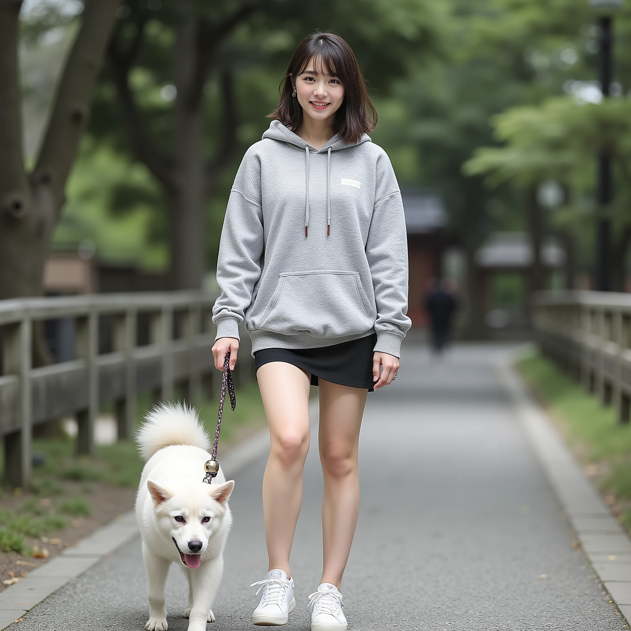 『1 Japanese Girl:1 . 3』『Original photo:1 . 3』『Real pictures:1 . 3』Highest Quality:1 . 2、((big boobs))、少し胸の谷間がcan be seen when the underpants are、((A young woman aged 20))、『I'm wearing a hoodie on top:1 . 9』、(((Anatomically Correct、perfection、Anatomically Correct指)))、slender body 、 can be seen when the underpants are 、 Highest Quality 、 ultra high res 、 Original photo 、 (A constricted body)、Full Body 、 the looks and smile of an idol 。 the guardian of the World Heritage Site 、 Koyasan 。 White Kishu dog 。 White Kishu dogを散歩させている 、 Koyasan の参詣道を歩いています 。 Wear an oversized hoodie with a flashy white pattern under a black miniskirt 、 Has a black bridle 、 Walking the dog 。 has a collar on the dog's neck、small bell hanging from a collar 。 she is holding the tip of the lead