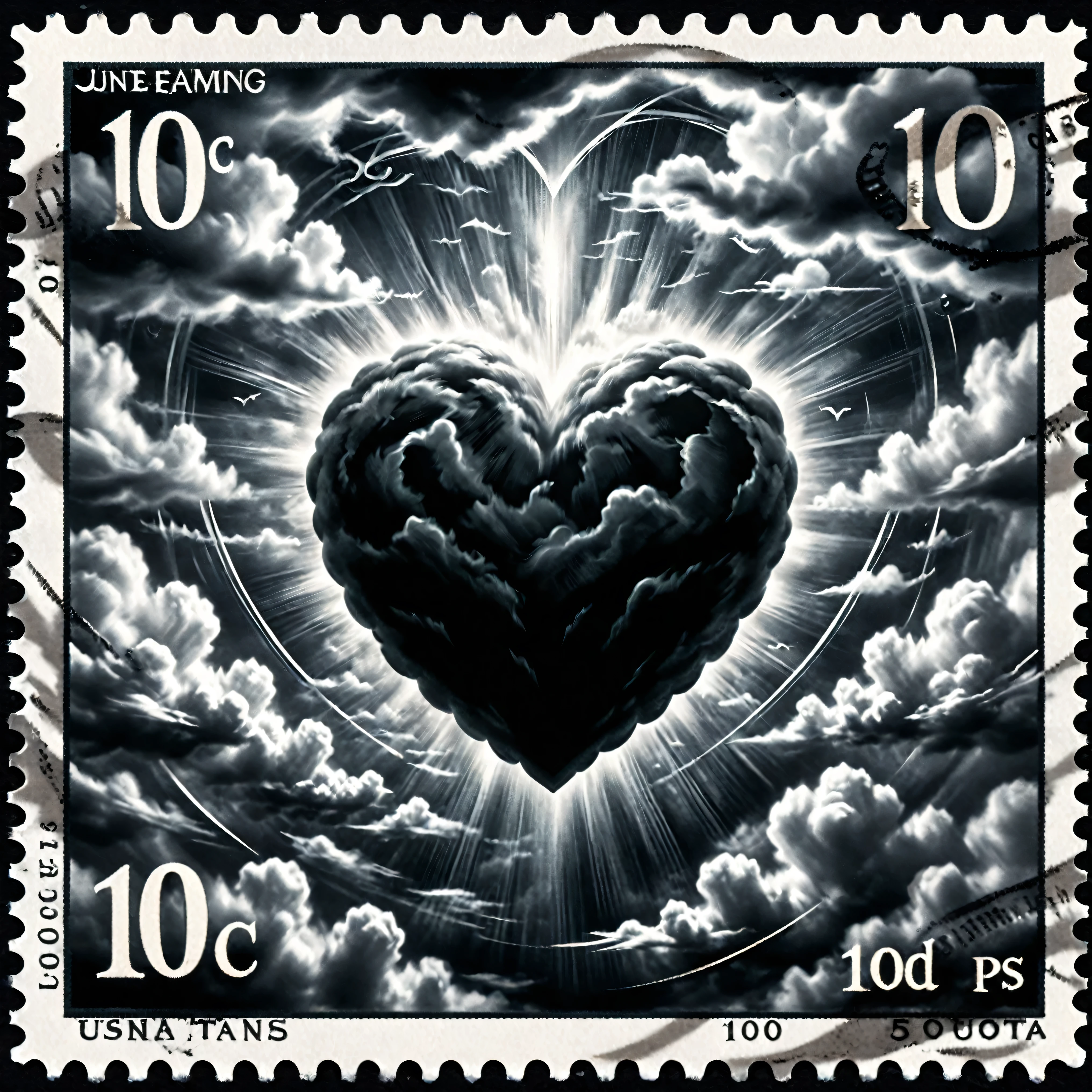 Dark fantasy postage stamp style.  A black and white stamp of a heart in mid air is caught up and being enveloped by the clouds. Ultra-realistic, photo-realistic, ultra-detailed, physically-based rendering, 3D realism. 