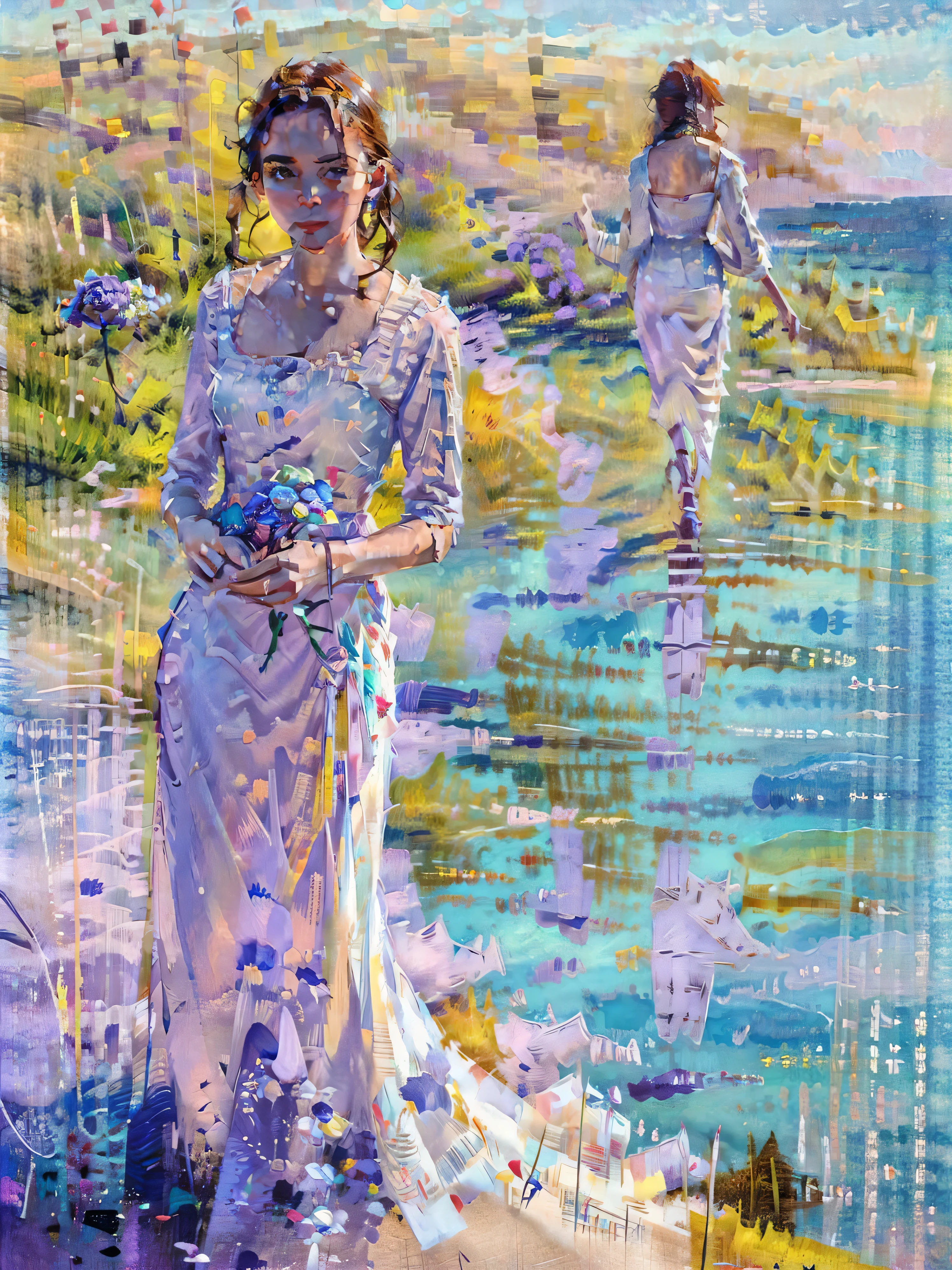 A beautiful young woman walks in the sky wearing a violet and white mermaid-style dress with a fitted bodice and extra-long sweeping train skirt. Her dress is embroidered with black and blue roses. The sky she walks through has many colors and several trapdoor openings that complete one section and begin another.  The setting suggests that the swirls around her are amplified to be reality itself tearing at the edges of the image becoming distorted and more transparent in your eyes as it emerges amidst the vast depths of your dreams.  A very dramatic action scene and a prominent view of a beautiful young woman with very bright vibrant eyes that are exploding with her own reflection. 