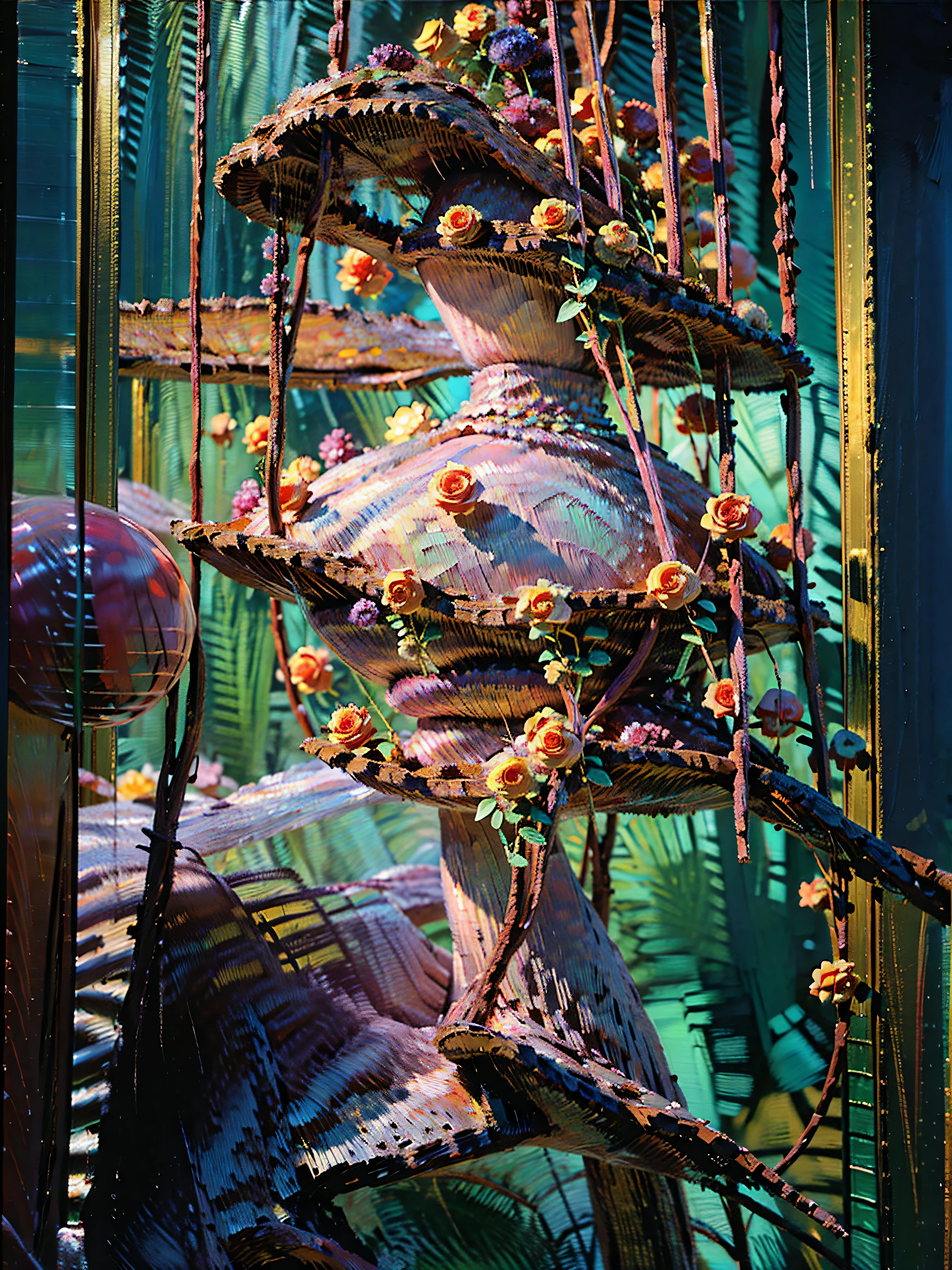 An extremely colorful oil painting style artwork. A woman stands confidently in a luxurious, strapless gown, intricately crafted from deep navy fabric adorned with vivid red roses. The fitted bodice is accentuated with an off-the-shoulder design featuring sheer lace sleeves that end in elegant bell shapes. The full skirt extends gracefully to the floor, embellished with the same striking red floral pattern, creating a striking contrast against the dark material.
The background is a vibrant explosion of colors, predominantly purples and reds, popping with bits of bright green, with abstract floral motifs echoing the dress's design, enhancing the dramatic atmosphere. Delicate hints of orange and yellow in the distant lighting hint at elaborate chandeliers, contributing to an opulent setting. The overall ambiance is rich and artistic, capturing a sense of regality and formal elegance, as if preparing for an extravagant ball or theatrical event.