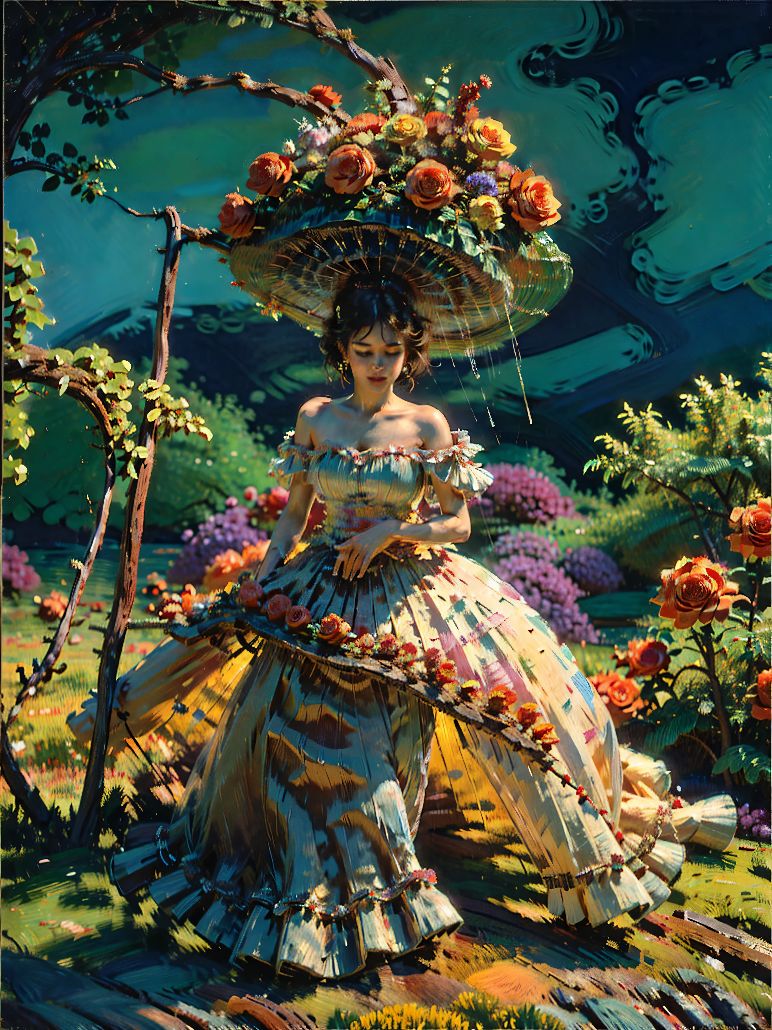 A woman stands confidently in a luxurious, strapless gown, intricately crafted from deep navy fabric adorned with vivid red roses. The fitted bodice is accentuated with an off-the-shoulder design featuring sheer lace sleeves that end in elegant bell shapes. The full skirt extends gracefully to the floor, embellished with the same striking red floral pattern, creating a striking contrast against the dark material.
The background is a vibrant explosion of colors, predominantly purples and reds, popping with bits of bright green, with abstract floral motifs echoing the dress's design, enhancing the dramatic atmosphere. Delicate hints of orange and yellow in the distant lighting hint at elaborate chandeliers, contributing to an opulent setting. The overall ambiance is rich and artistic, capturing a sense of regality and formal elegance, as if preparing for an extravagant ball or theatrical event.