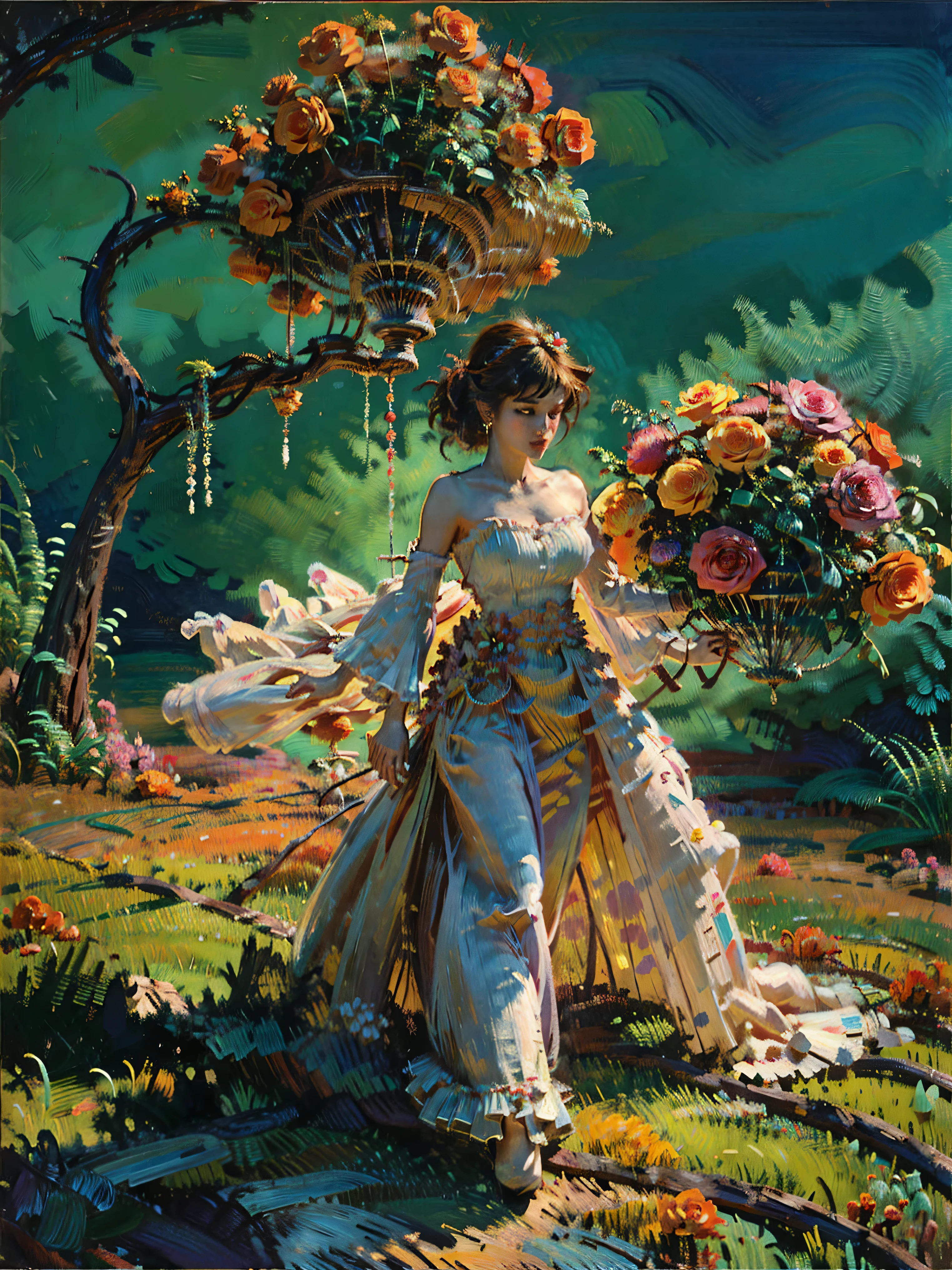 An extremely colorful oil painting style artwork. A woman stands confidently in a luxurious, strapless gown, intricately crafted from deep navy fabric adorned with vivid red roses. The fitted bodice is accentuated with an off-the-shoulder design featuring sheer lace sleeves that end in elegant bell shapes. The full skirt extends gracefully to the floor, embellished with the same striking red floral pattern, creating a striking contrast against the dark material.
The background is a vibrant explosion of colors, predominantly purples and reds, popping with bits of bright green, with abstract floral motifs echoing the dress's design, enhancing the dramatic atmosphere. Delicate hints of orange and yellow in the distant lighting hint at elaborate chandeliers, contributing to an opulent setting. The overall ambiance is rich and artistic, capturing a sense of regality and formal elegance, as if preparing for an extravagant ball or theatrical event.