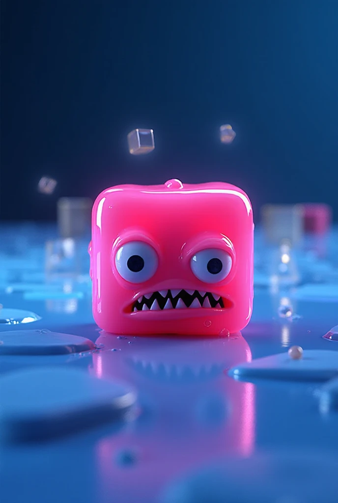 A surreal 3D cartoon horror scene with a single glossy hot-pink jelly cube monster on a reflective blue surface. Its small bulging eyes stare nervously, and its tiny mouth is filled with crooked sharp teeth. Behind it loom faint glowing cube shadows, creating a sense of isolation. Smooth shiny surfaces, strong top lighting, and a deep gradient backdrop for contrast.