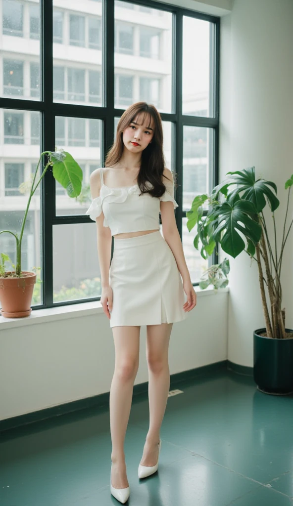 ((masterpiece, top quality, 8k, RAW photo, realistic, ultra highly detailed)), 1 girl, (japanese face:1.4), secuctive smile:1.4, 20 years old, cute face:1.5, beautiful eyes, symmetrical face, perfect body:1.3, (straight long hair:1.4, bangs:1.3, natural makeup, double eyelid, full body shot), ((white short sleeve blouse, off shoulder, denim front button skirt, white sandals)), (full body, polite standing:1.4, beautiful legs:1.3), (in campus:1.4)