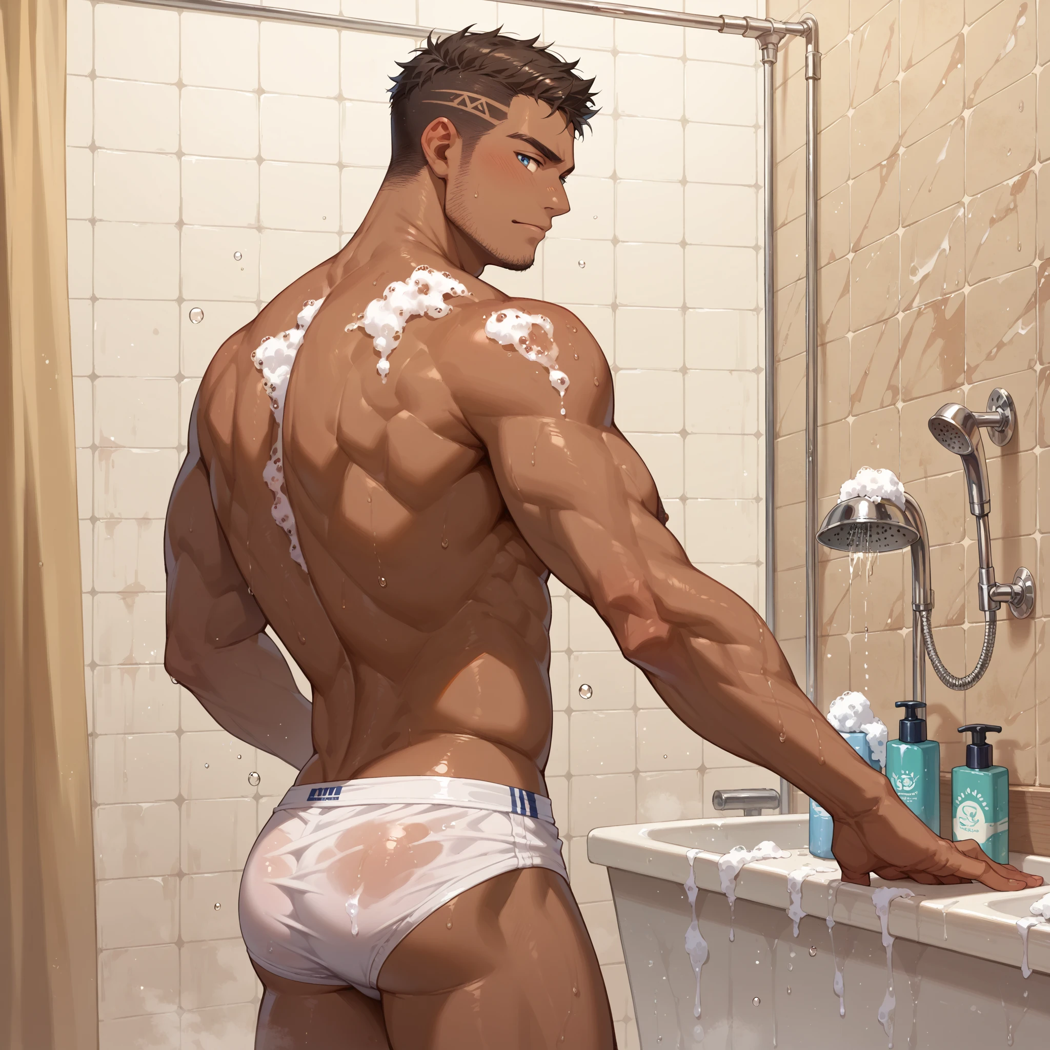 (((1boy))) (male) ((front view)) ((facing viewer))
Handsome, very detailed flawless face, detailed open eyes, very handsome, epic, heroic, pale skin,
(muscular) bodybuilder, ((big muscles)), ((large pectorals)), narrow waist, ((very very long hair, in mullet cut, bicolor)).
((hairy ?????)), ((hair legs)), seductive smile, a small pendant, with a (small brilliant star shaped white gem), Realistic face, realistic eyes, ???????, (no beard or body hair), mismatched pupils.
Wearing pink lingerie lace ??????.
Emerging from a (wooden house) entrance. It is (sunrise), cowboy shot.
Highly detailed fantasy art, dramatic volumetric light, artstation, beautiful modern fantasy illustration, ((anatomically correct)).