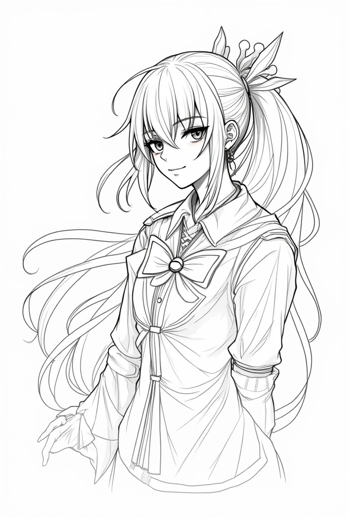 Draw line,monochrome,(sketch:1.5), 1girl,20 years old,solo,long hair,white hair,finana,twintails,double bun,(white shirt,short sleeves,standart tie,skirt),(white background,sketch),Mid-ground character