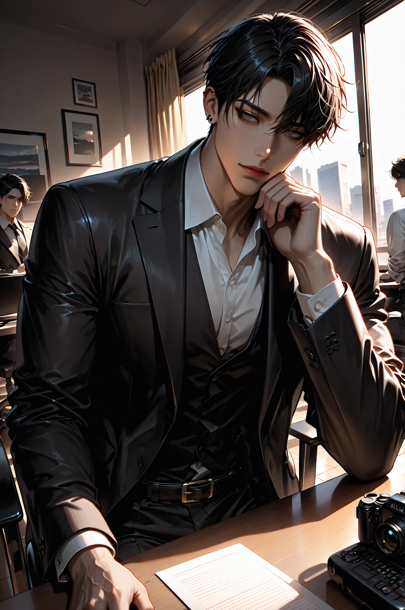 A mixed-race man that's half asian and half European. He's smoking and sitting in a dimly lit room. His hair was very short and black. He's slightly glaring as the smoke of his cigarette lingered near him. He was wearing a white blouse, black waistcoat, and black trousers. He had a tattoo on his neck. The room was very dim. The only lighting was from the window of his office, the light from the city night view. The color of his eyes are black. 