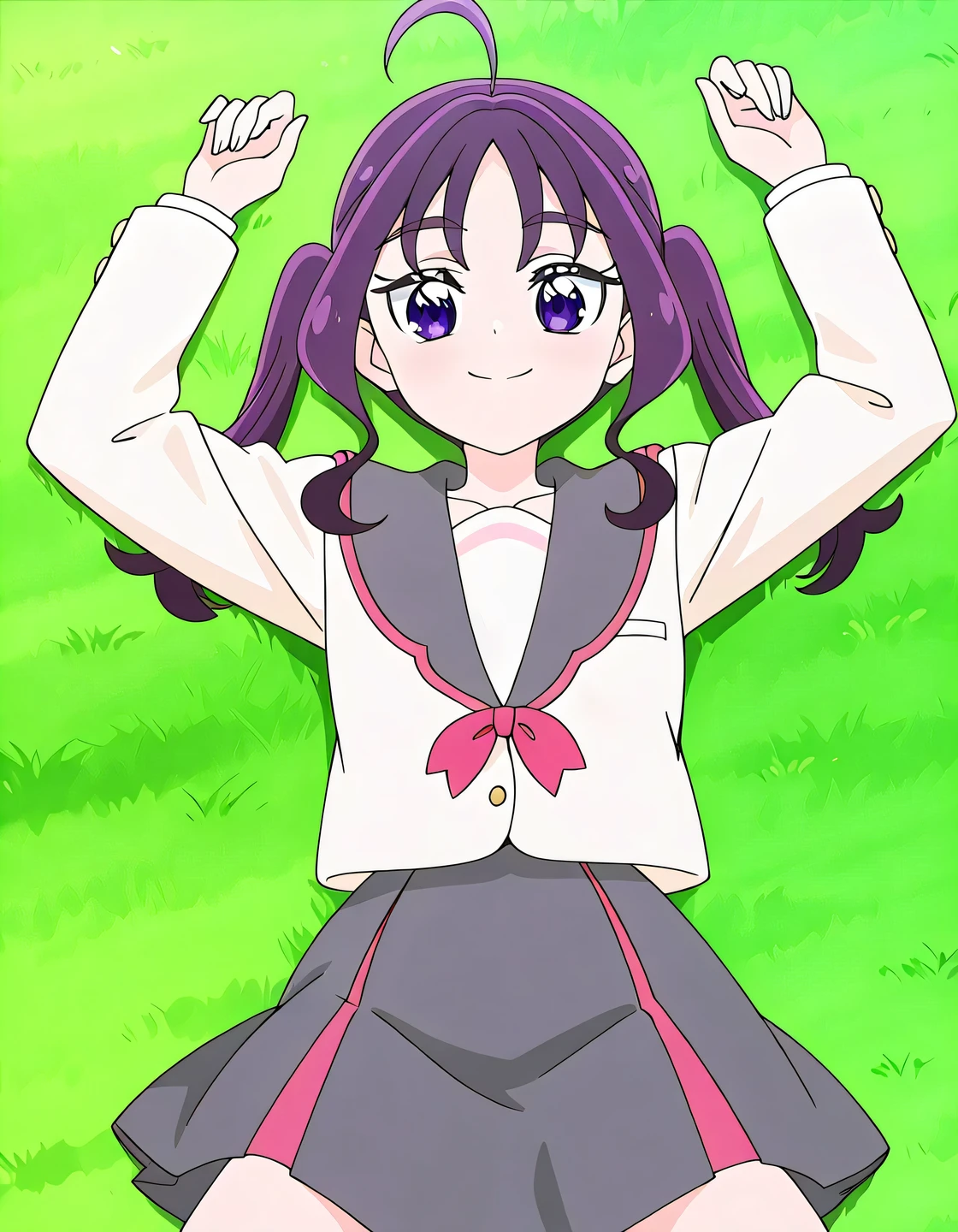 shigure kokoro, school uniform, short twintails, purple hair, long hair, sidelocks, ahoge, shiny hair, parted bangs, purple eyes, thick eyebrows, eyebrows visible through hair, serafuku, white shirt, grey sailor collar, long sleeves, pink neckwear, grey skirt, pleated skirt, white legwear, anime screencap, high quality, solo, lying, on back, arms up, legs apart, closed mouth, on grass, cowboy shot, looking at viewer, smile, best quality,
