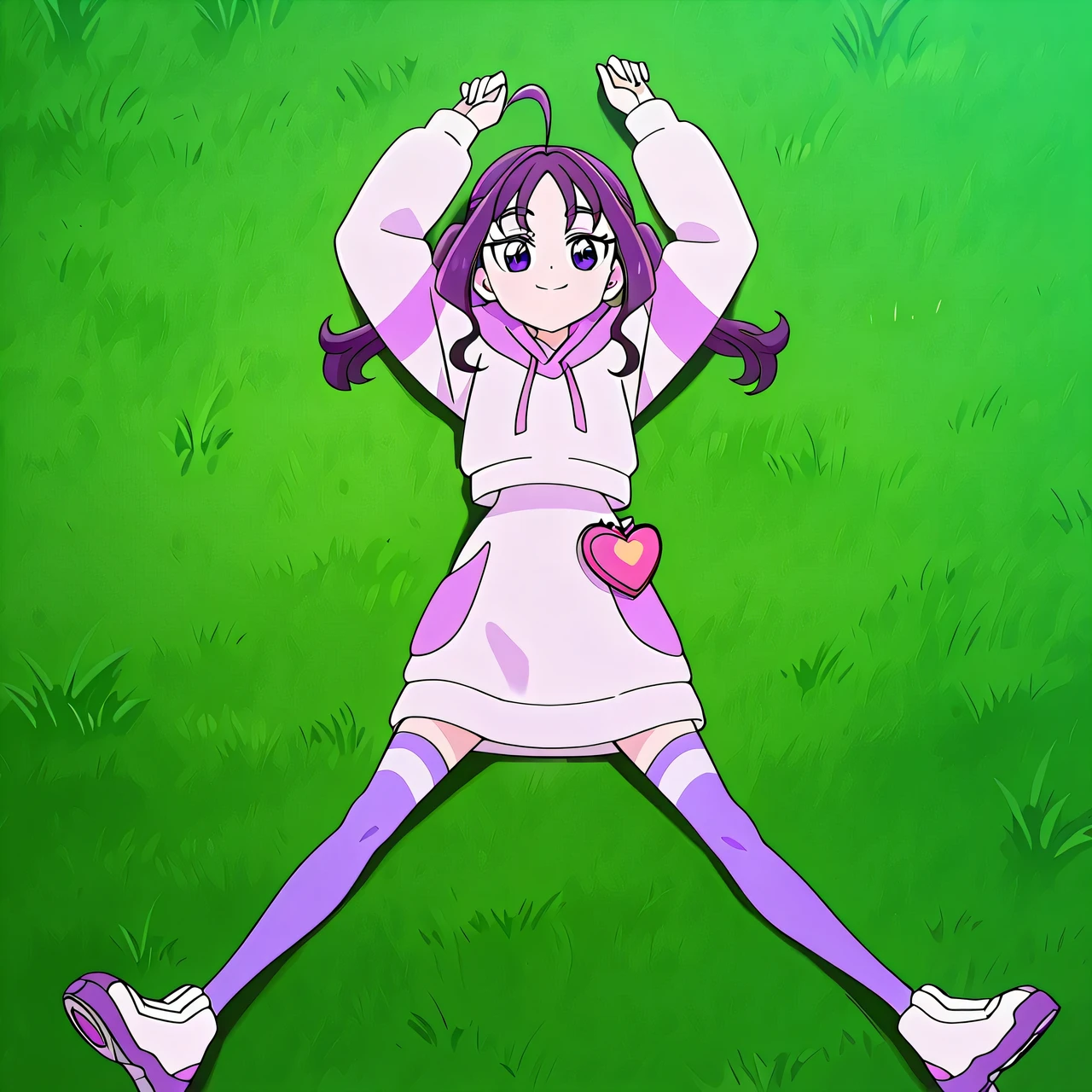 shigure kokoro, casual, short twintails, purple hair, long hair, sidelocks, ahoge, shiny hair, parted bangs, purple eyes, thick eyebrows, eyebrows visible through hair, white hoodie, purple hoodie, hooded sweater, hood down, multicolored clothes, drawstring, long sleeves, white skirt, two-tone legwear, purple legwear, striped legwear, purple footwear, white footwear, sneakers, pouch, anime screencap, high quality, solo, lying, on back, arms up, legs apart, closed mouth, on grass, full body, looking at viewer, smile, best quality,