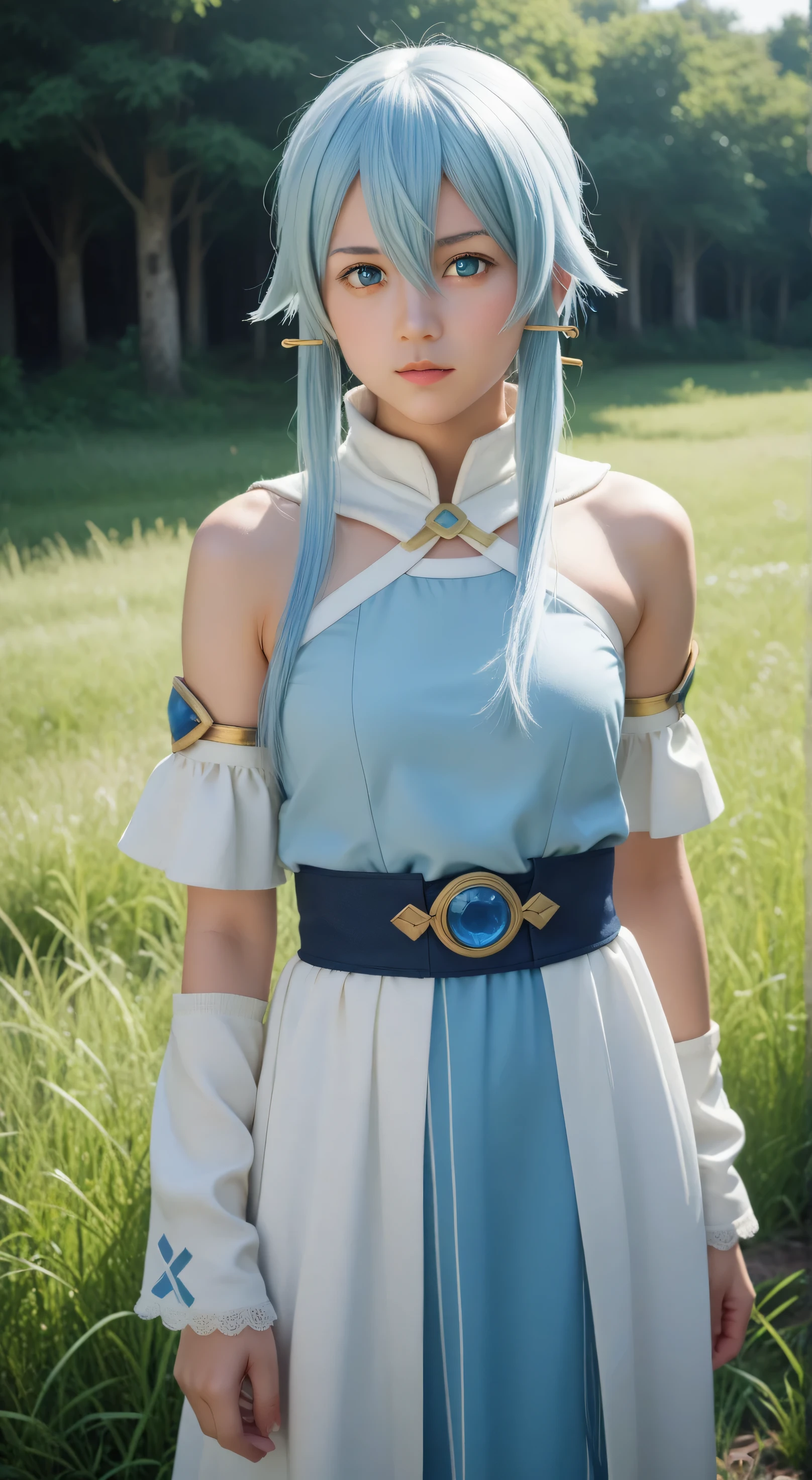 1girl, solo,asada shino,blue eyes,blue hair,hair between eyes, short,outdoors,potrait,small breast,nature,standing under ruins,sidelocks,looking at viewer, front view,close up,arm warmers,black glove,(tall grass background:1.5),(summer outfit:1.5),Masterpiece, best quality, 8k, ultra high resolution, photorealistic, cinematic composition