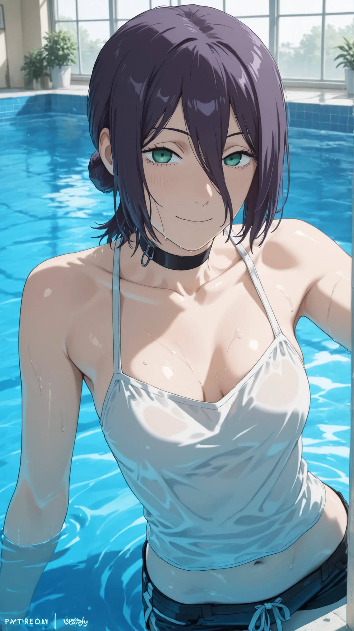  cut, Chainsaw Man, Bomb girl, navy hair, green eyes, choker, white blouse,  black shorts, Knee High Boots,wobbly,Naked